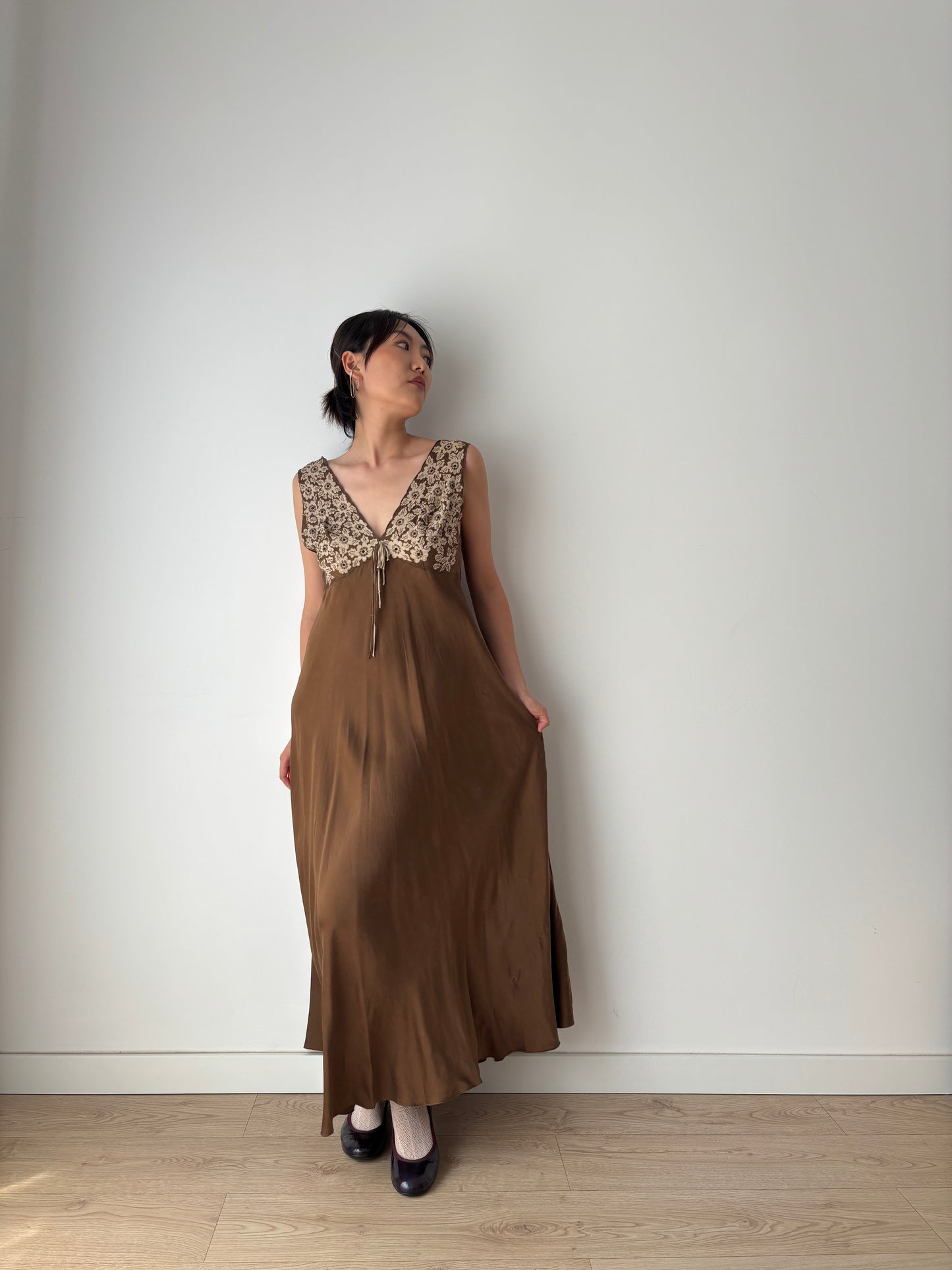 1960s Vintage 100% Silk Brown Floral Embroidered Long Slip Maxi dress
