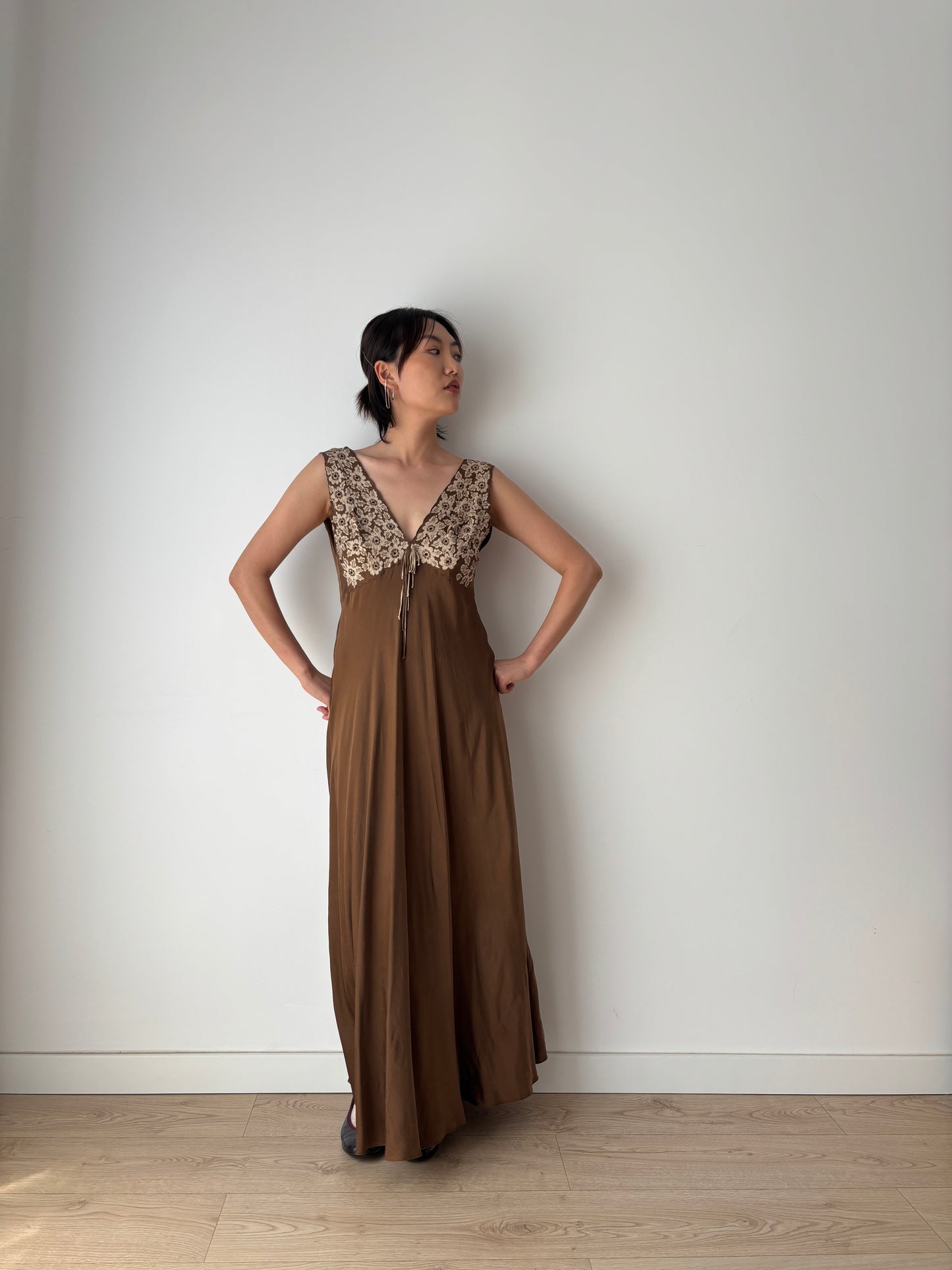 1960s Vintage 100% Silk Brown Floral Embroidered Long Slip Maxi dress