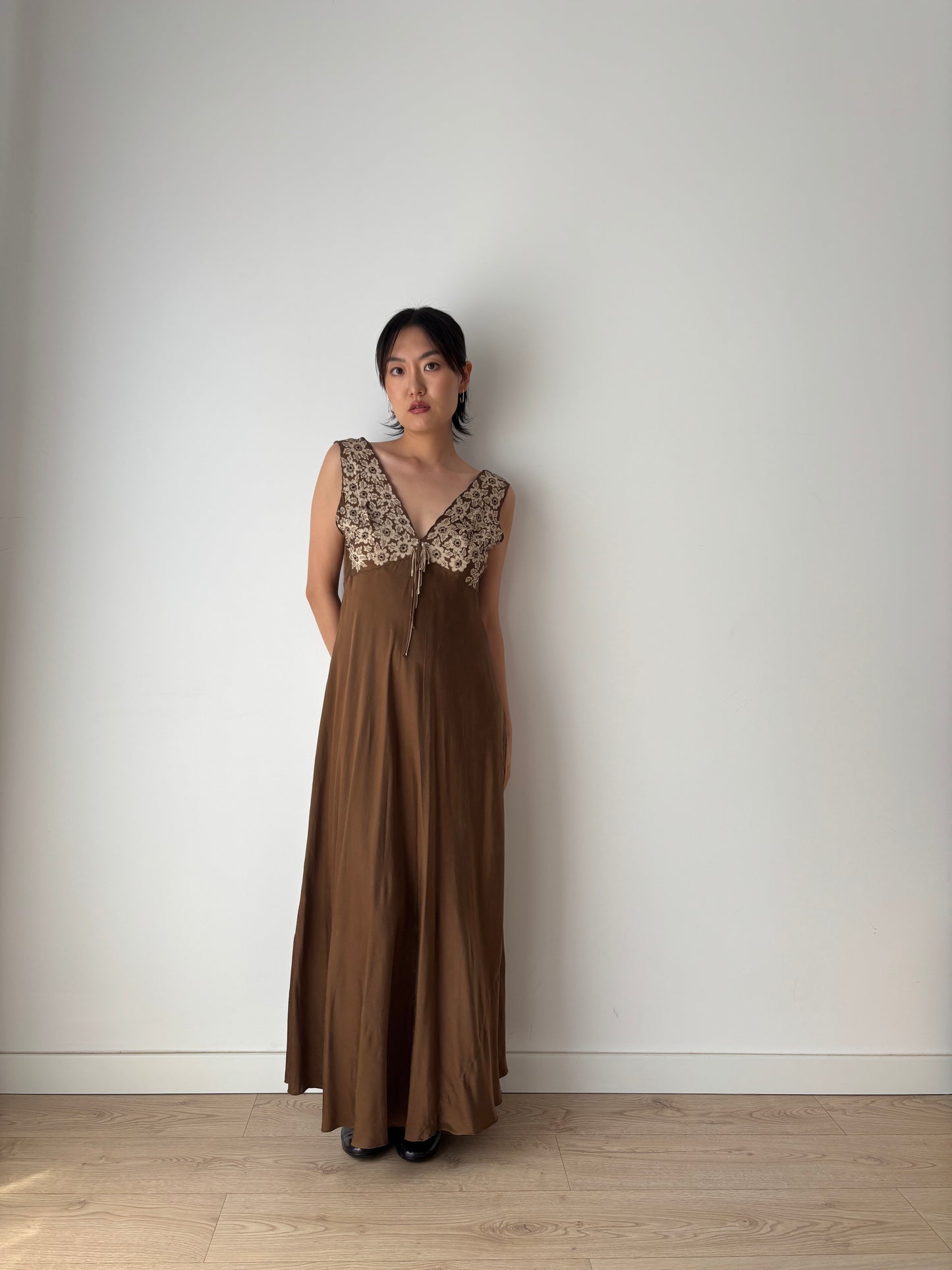 1960s Vintage 100% Silk Brown Floral Embroidered Long Slip Maxi dress