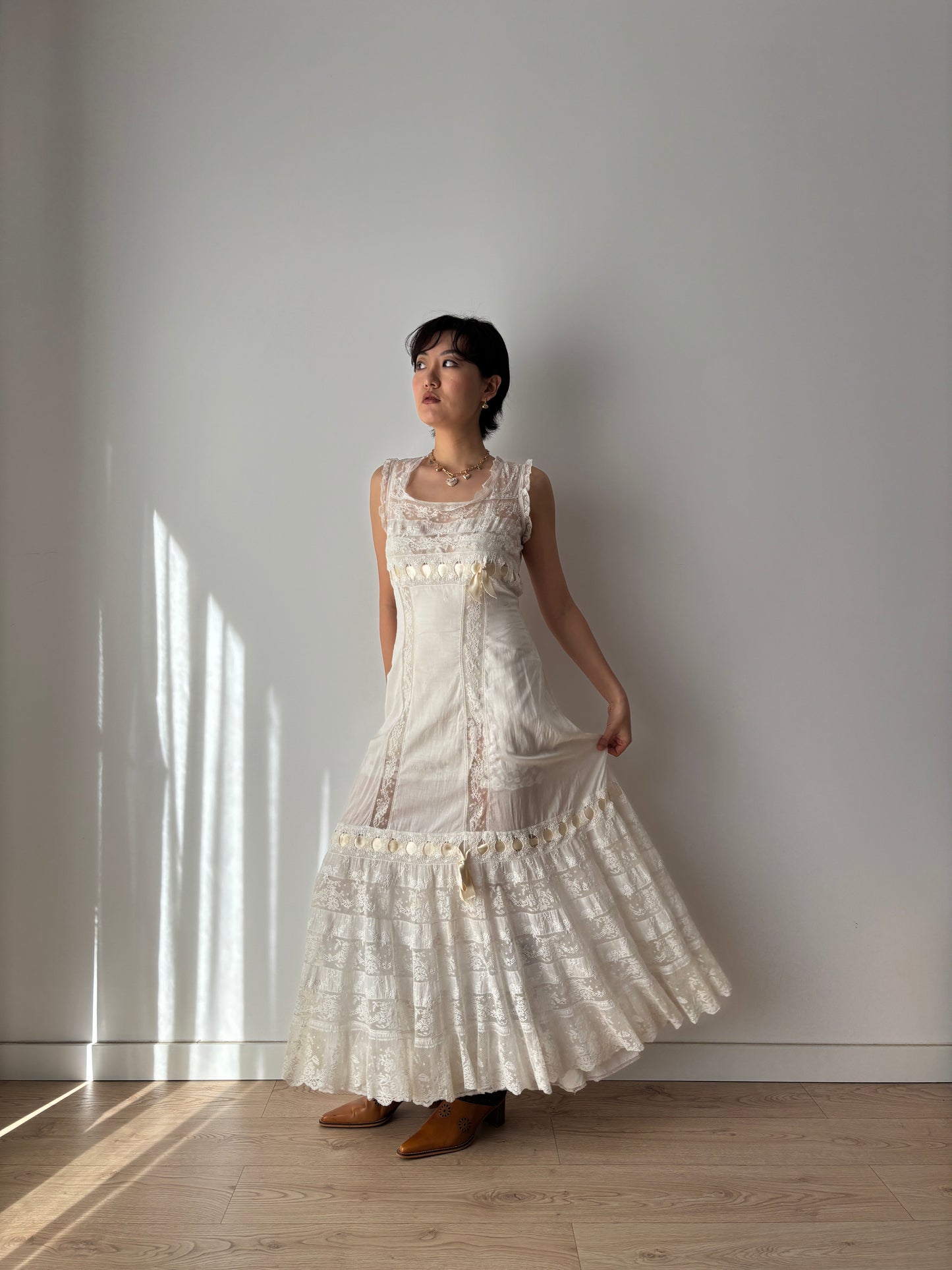 1910s Edwardian White Cotton Dress: French Handmade Lace & Floral Lawn Gown