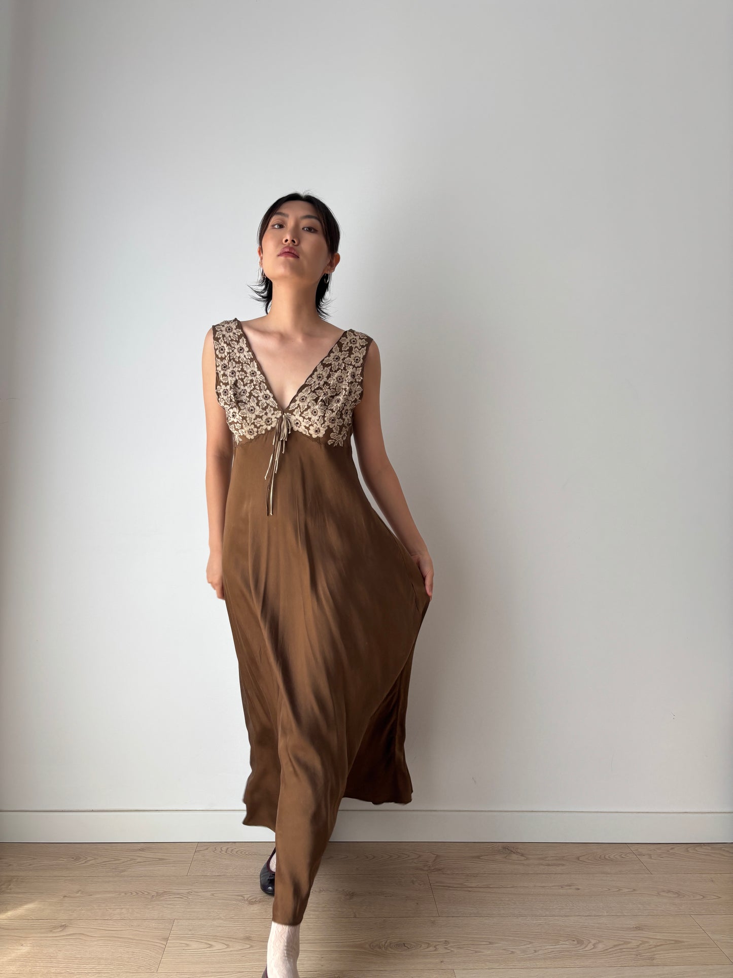 1960s Vintage 100% Silk Brown Floral Embroidered Long Slip Maxi dress