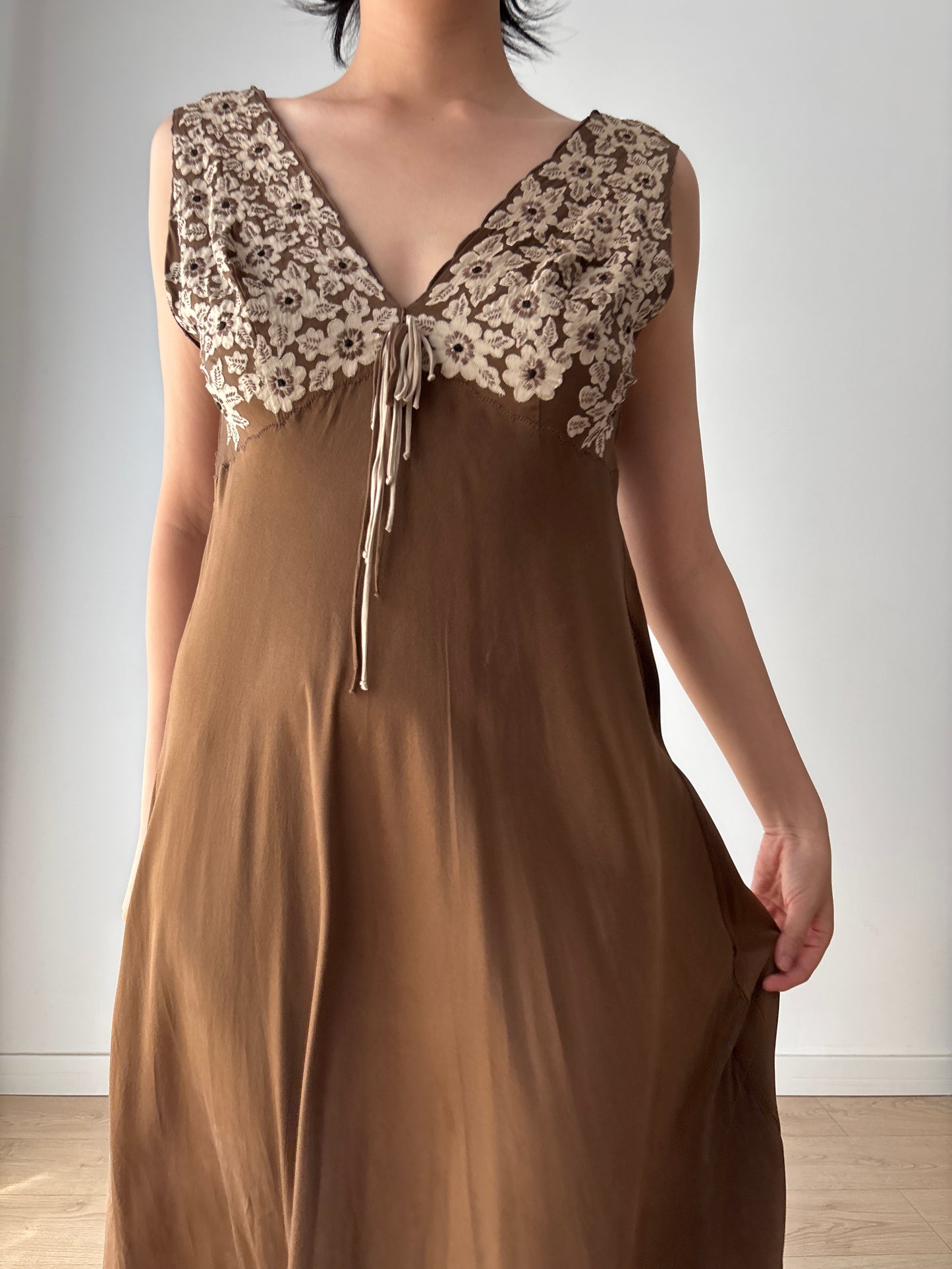 1960s Vintage 100% Silk Brown Floral Embroidered Long Slip Maxi dress