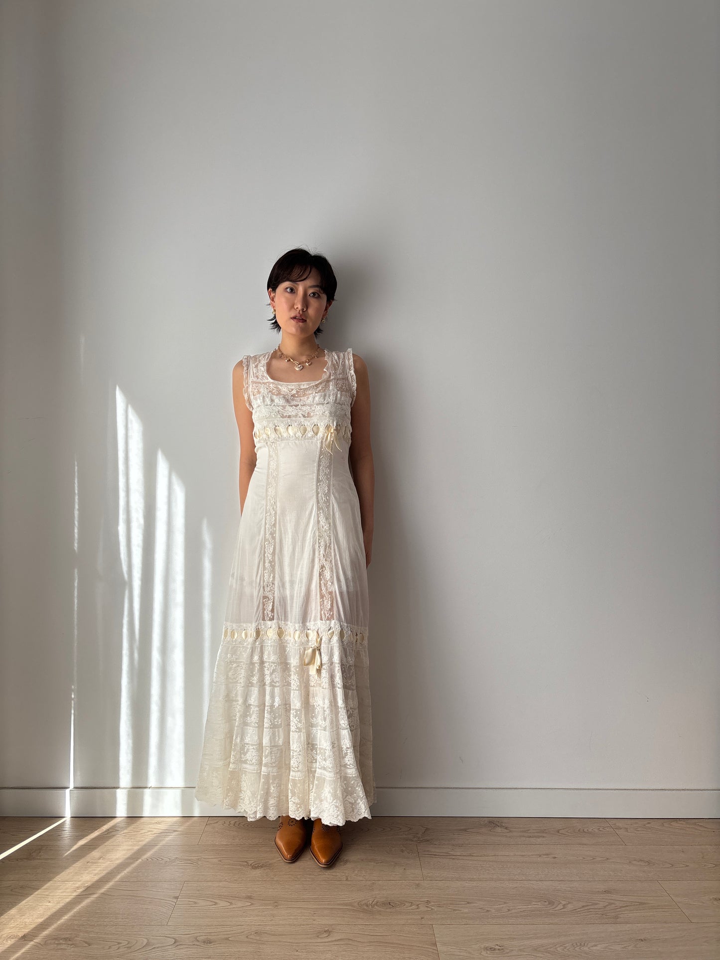 1910s Edwardian White Cotton Dress: French Handmade Lace & Floral Lawn Gown