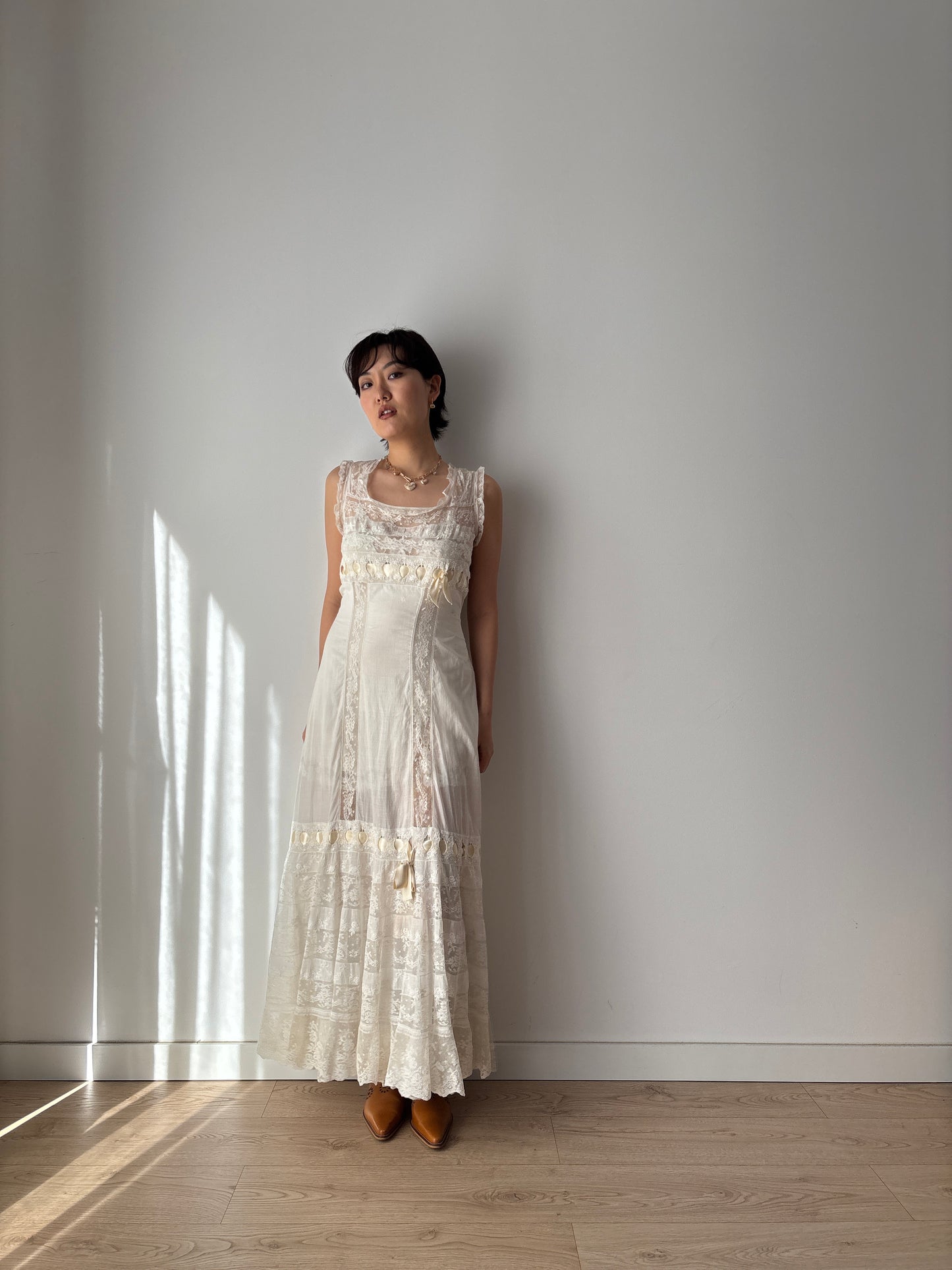 1910s Edwardian White Cotton Dress: French Handmade Lace & Floral Lawn Gown