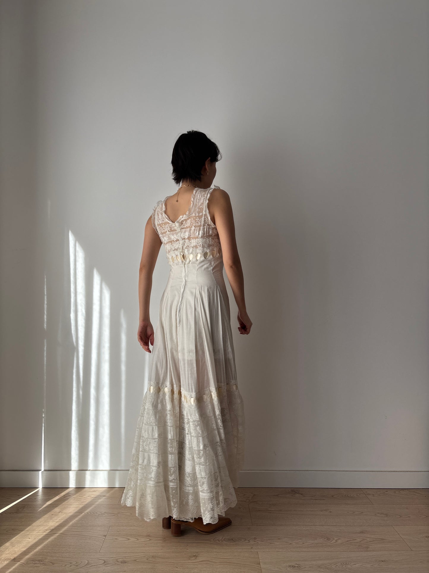 1910s Edwardian White Cotton Dress: French Handmade Lace & Floral Lawn Gown