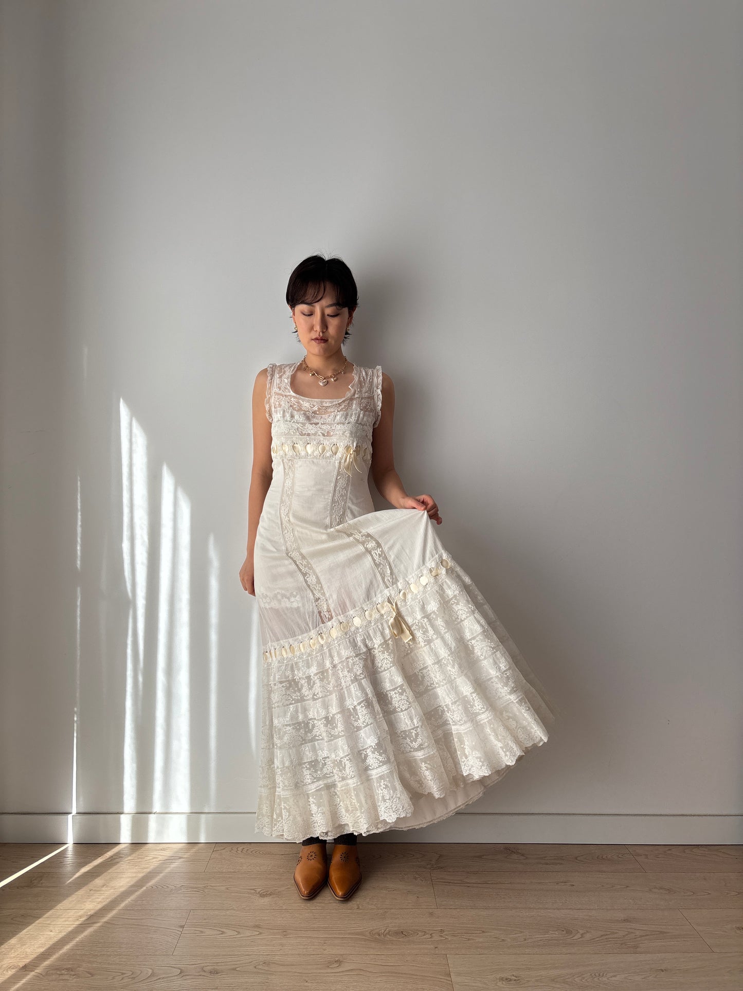 1910s Edwardian White Cotton Dress: French Handmade Lace & Floral Lawn Gown