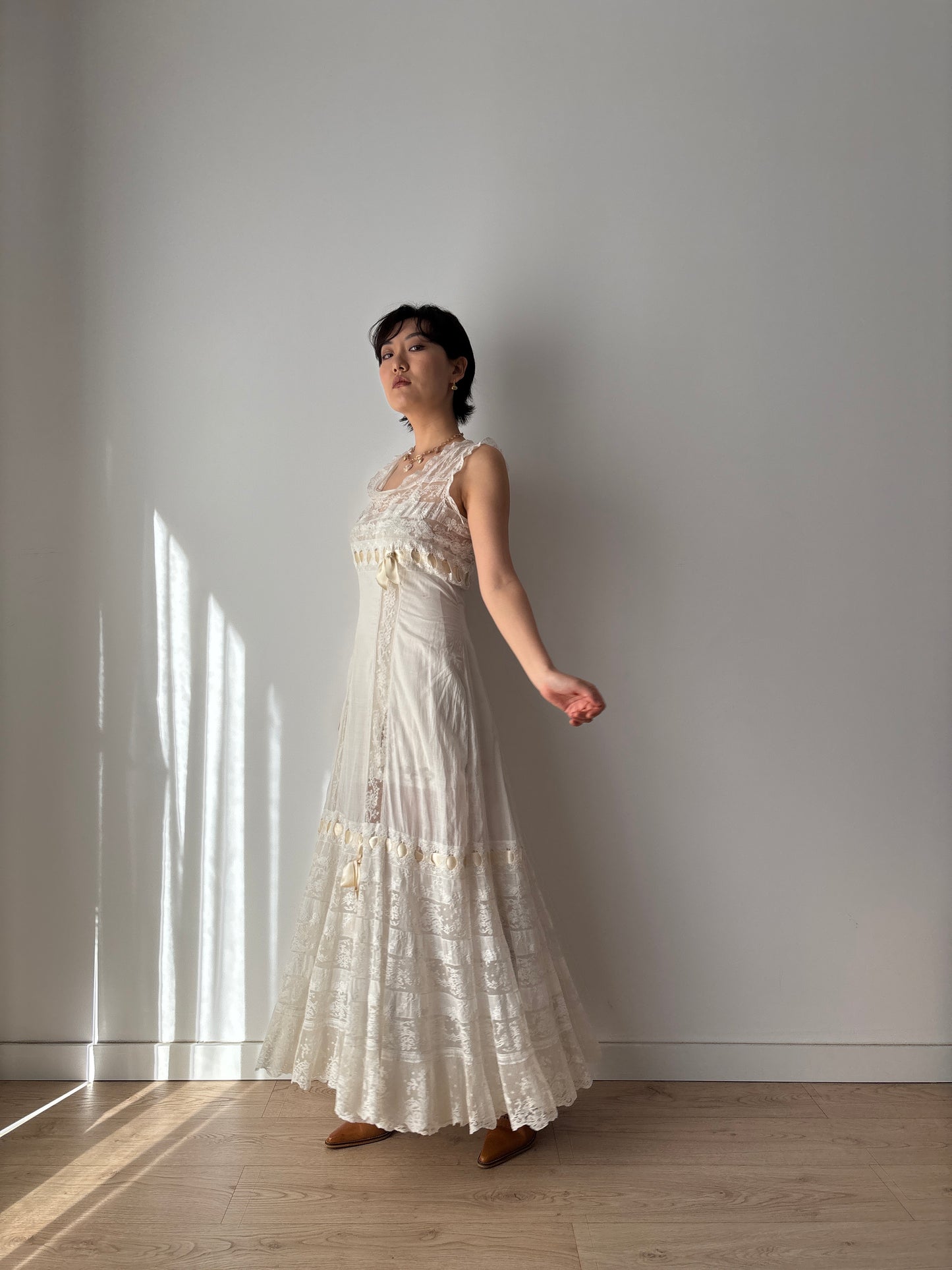 1910s Edwardian White Cotton Dress: French Handmade Lace & Floral Lawn Gown