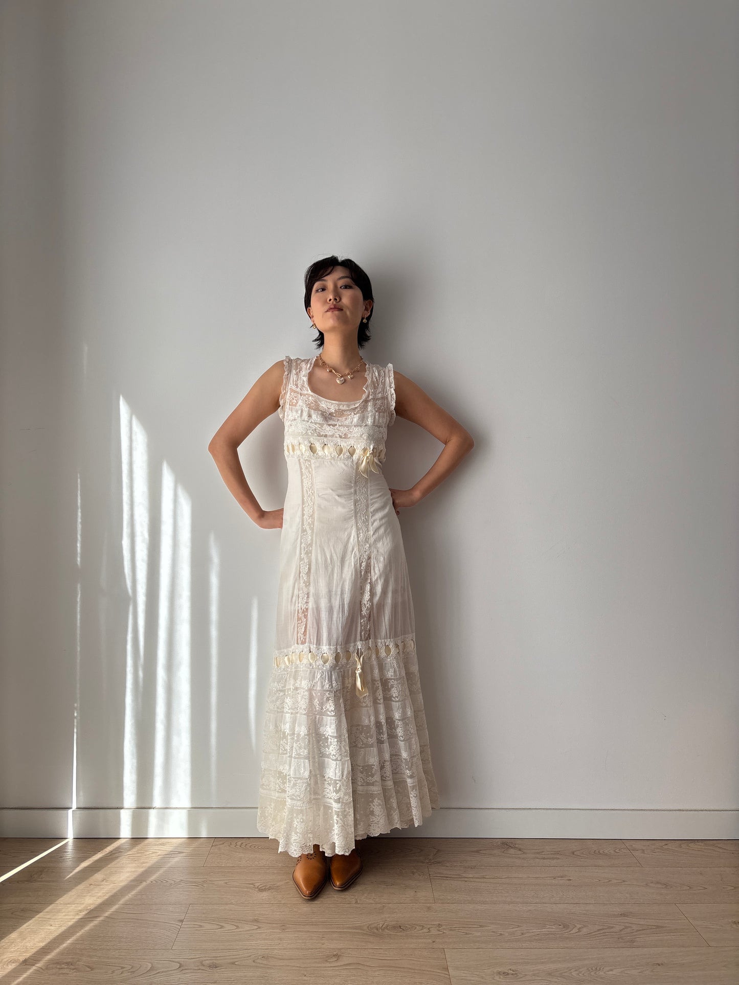 1910s Edwardian White Cotton Dress: French Handmade Lace & Floral Lawn Gown