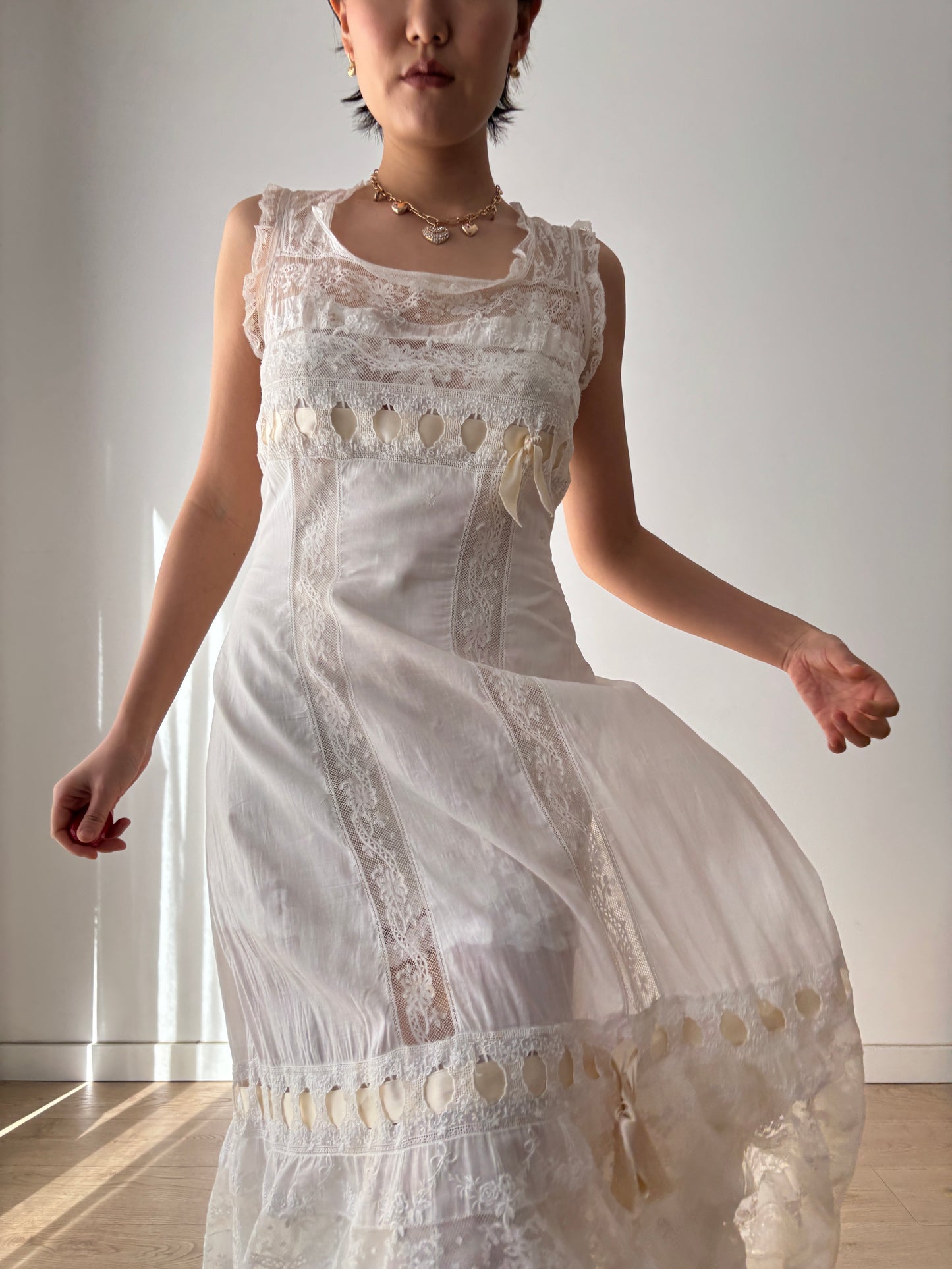 1910s Edwardian White Cotton Dress: French Handmade Lace & Floral Lawn Gown