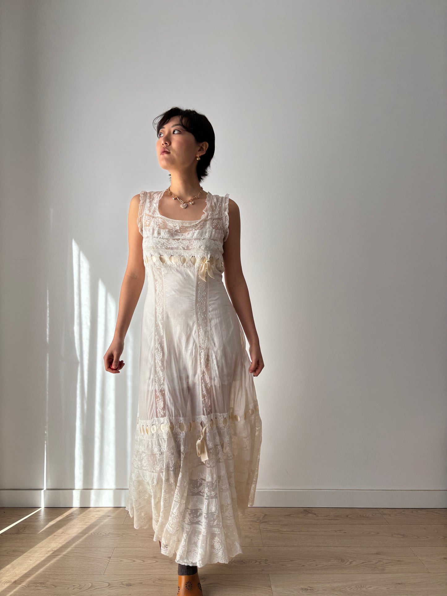 1910s Edwardian White Cotton Dress: French Handmade Lace & Floral Lawn Gown