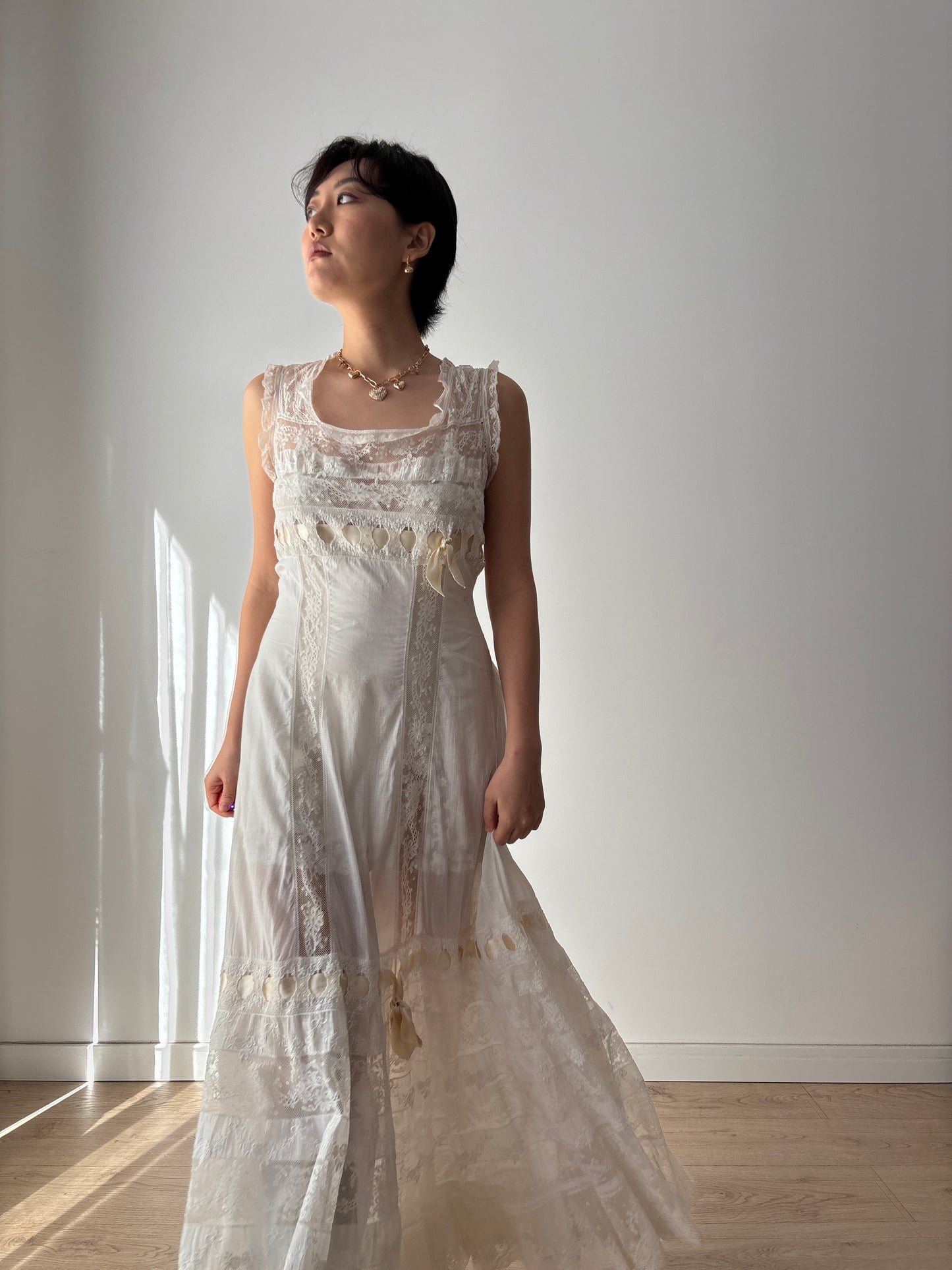 1910s Edwardian White Cotton Dress: French Handmade Lace & Floral Lawn Gown