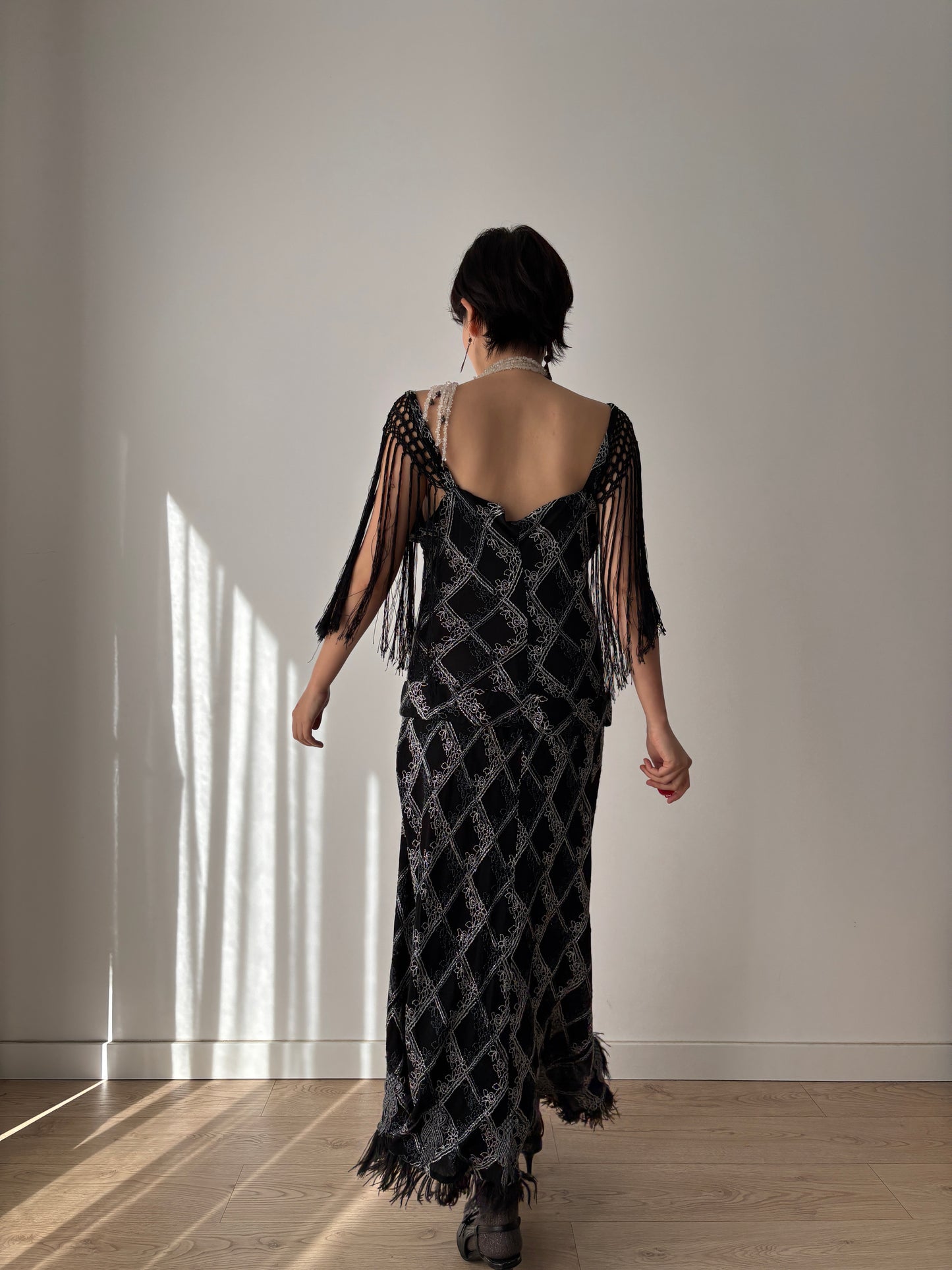 1920s Black Silk Crepe Evening Dress: Fringed Shoulder & Feather Hem