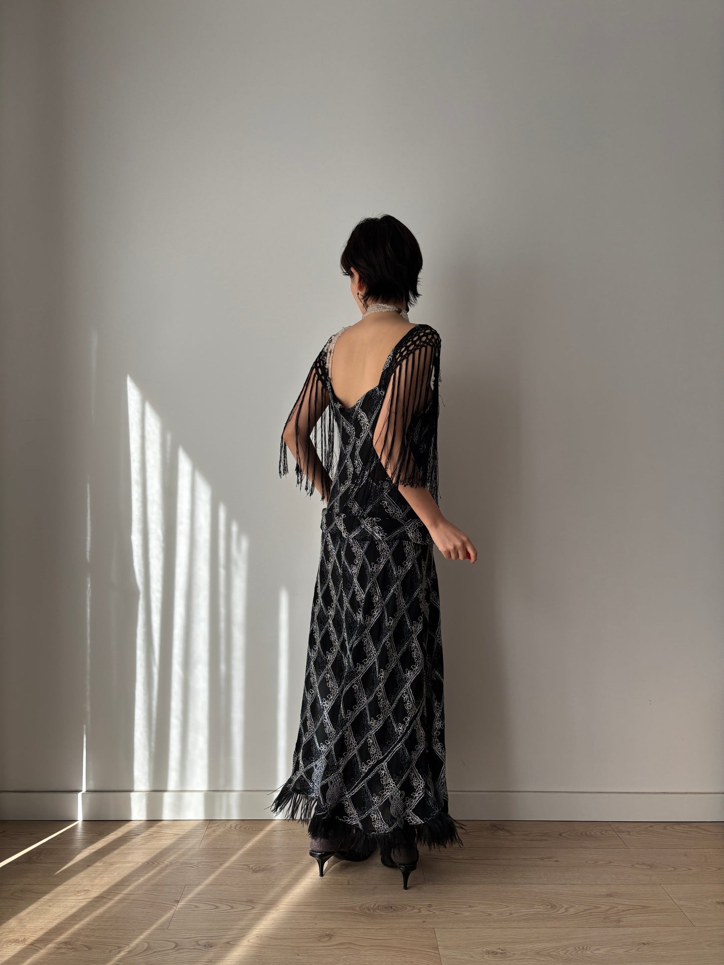 1920s Black Silk Crepe Evening Dress: Fringed Shoulder & Feather Hem