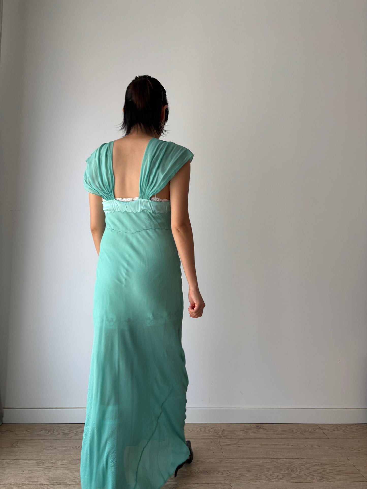 Antique 1930s green pure silk chiffon bias cut maxi dress