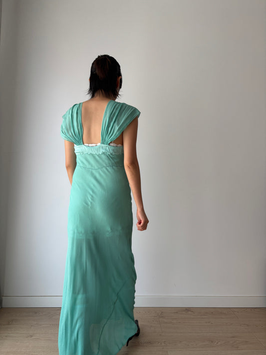 Antique 1930s green pure silk chiffon bias cut maxi dress