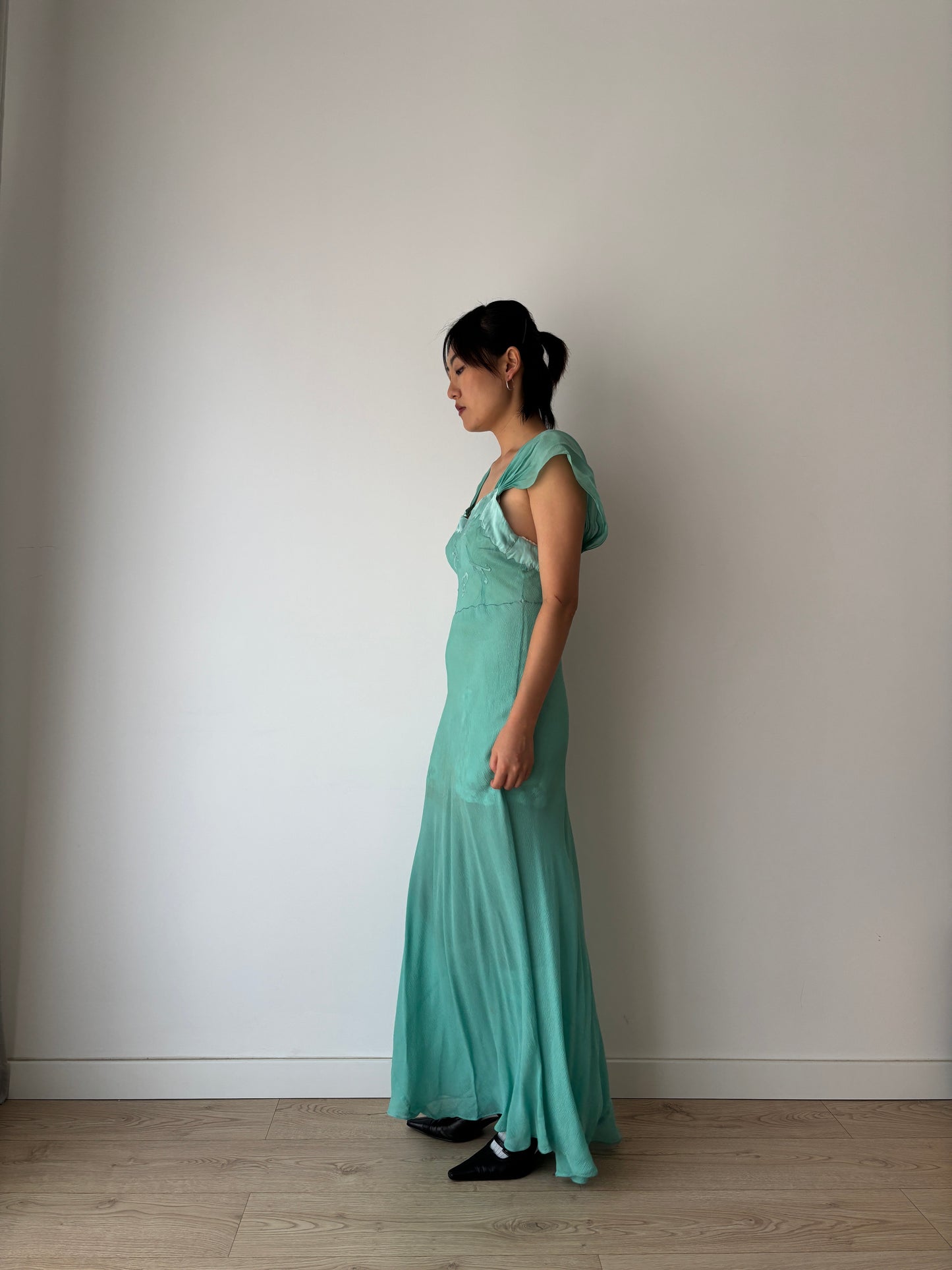 Antique 1930s green pure silk chiffon bias cut maxi dress