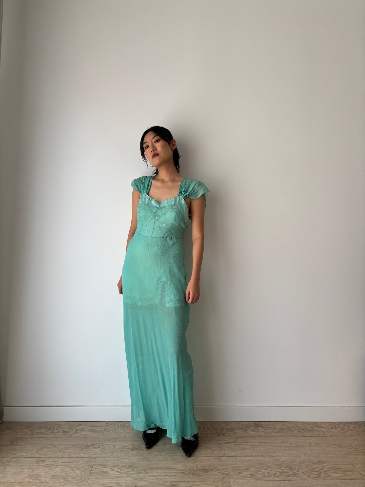Antique 1930s green pure silk chiffon bias cut maxi dress