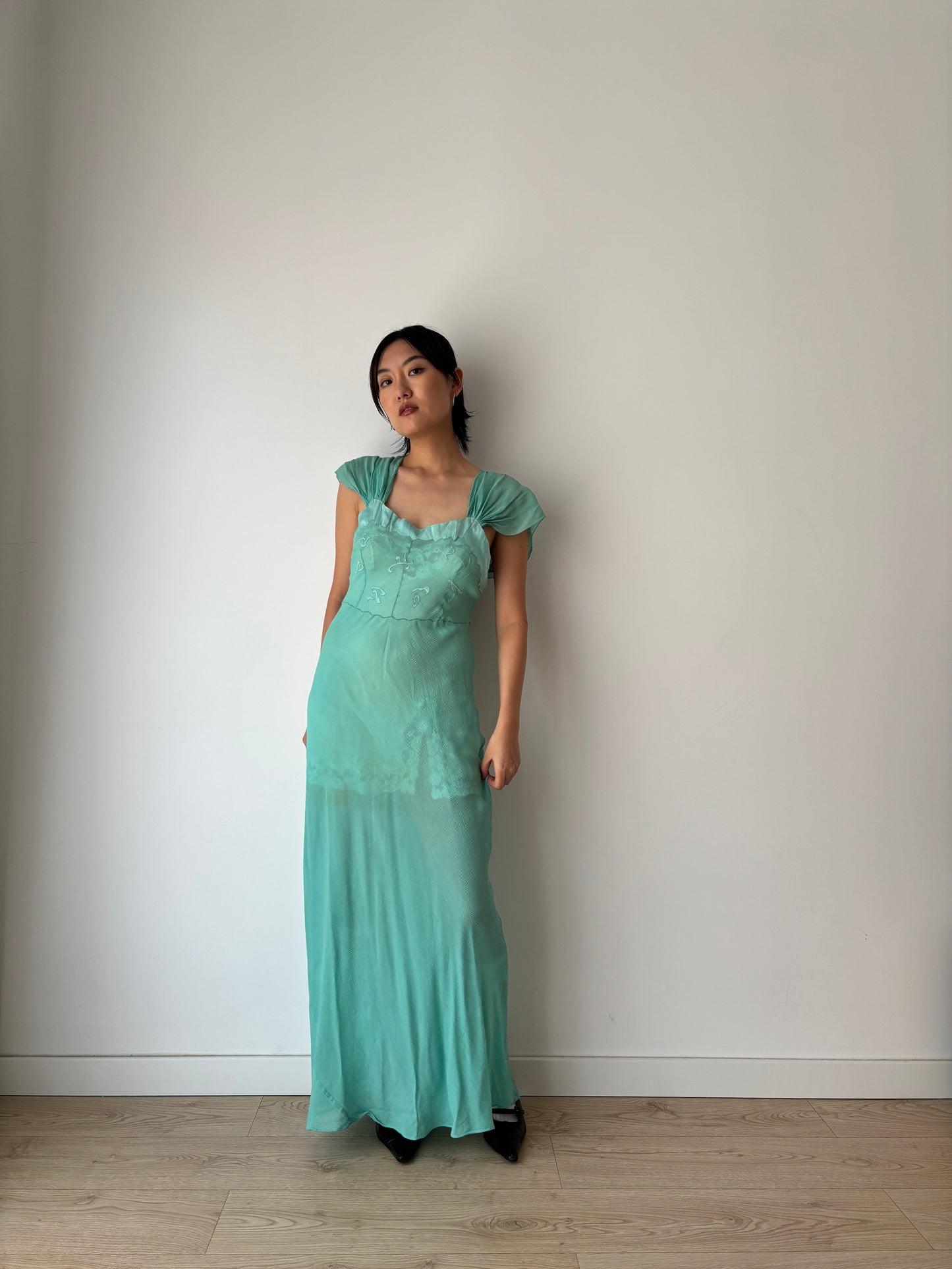 Antique 1930s green pure silk chiffon bias cut maxi dress
