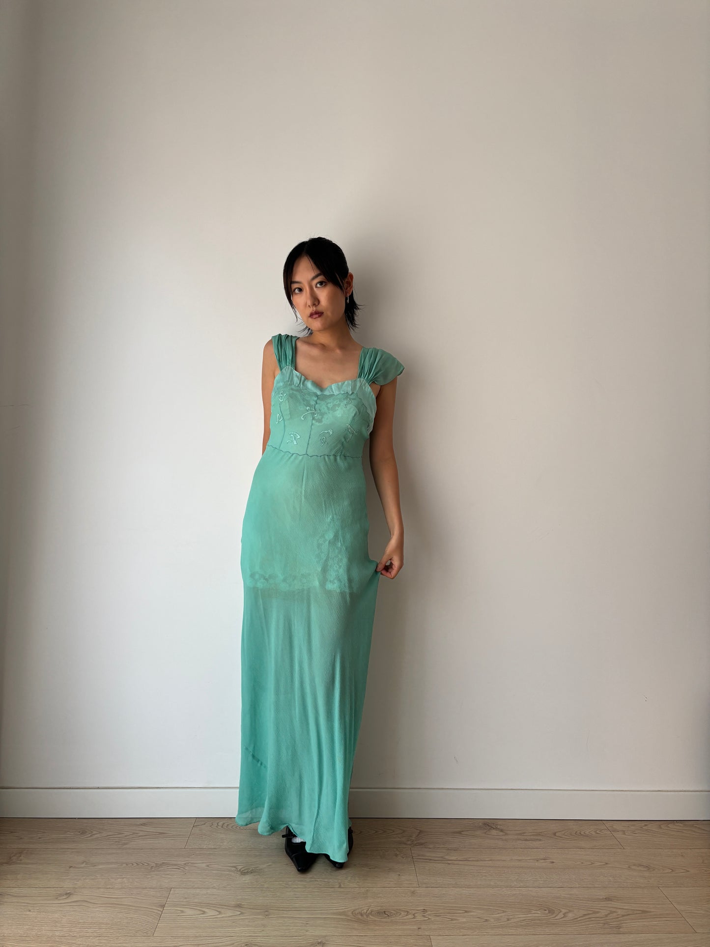 Antique 1930s green pure silk chiffon bias cut maxi dress