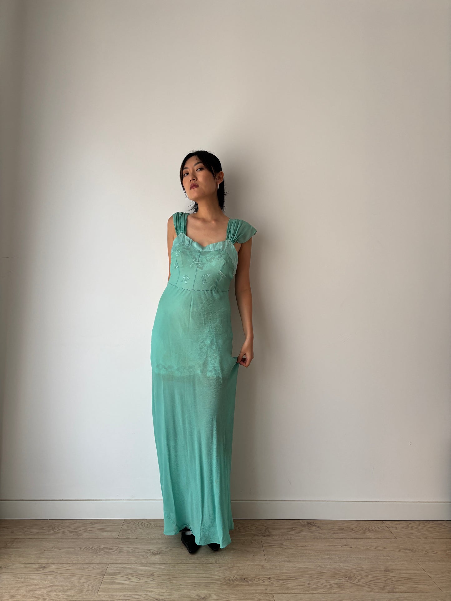 Antique 1930s green pure silk chiffon bias cut maxi dress