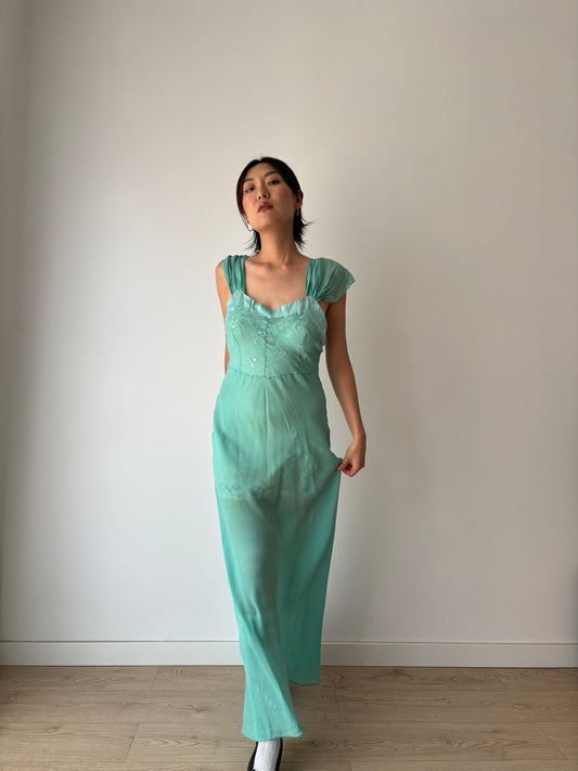 Antique 1930s green pure silk chiffon bias cut maxi dress