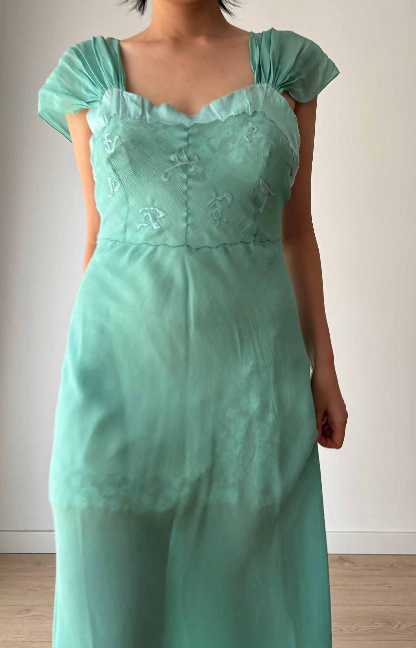 Antique 1930s green pure silk chiffon bias cut maxi dress