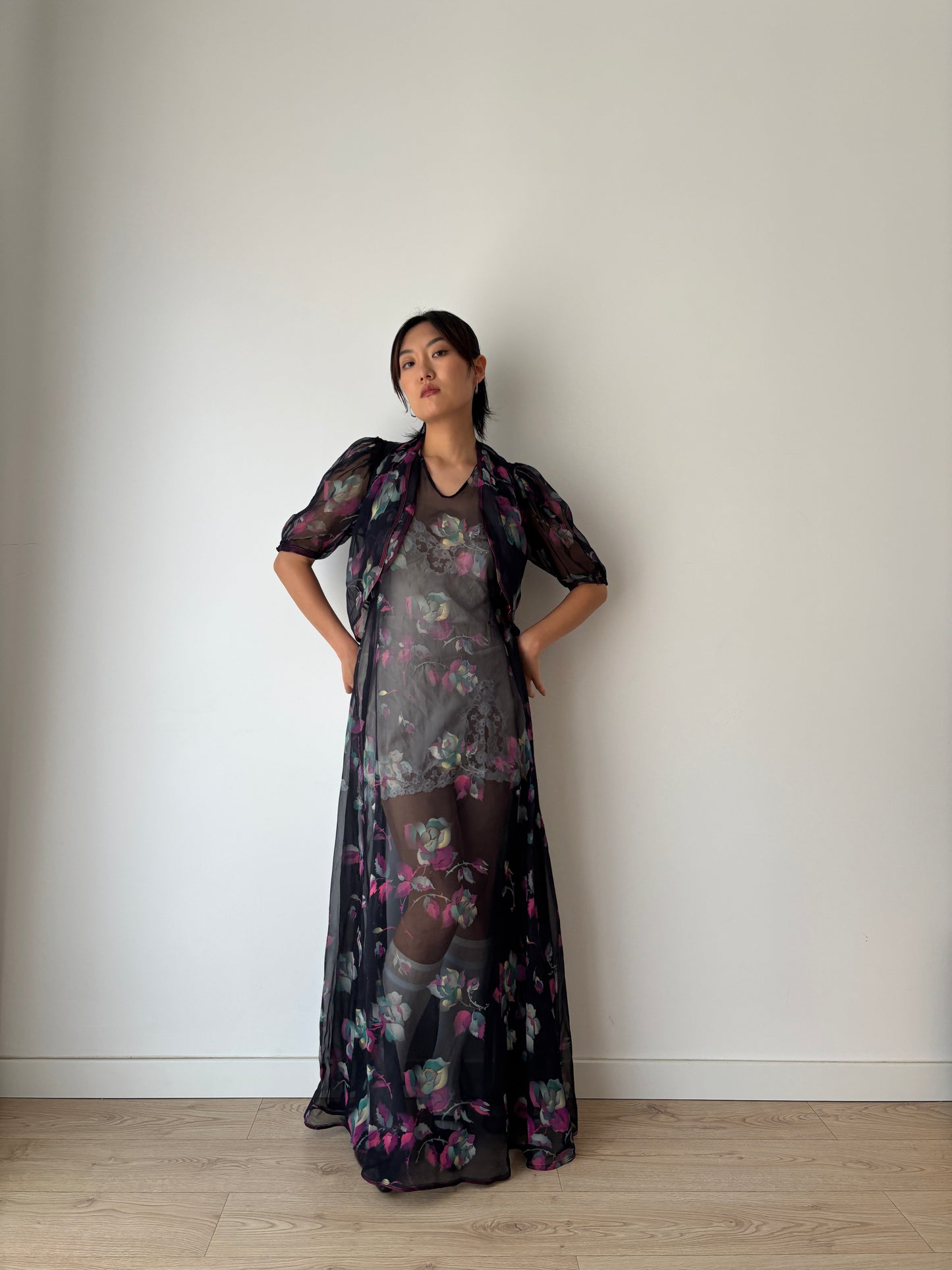 1940s 50s Black Floral Pure Silk Nightgown 2 Piece Set / Bed Jacket Slip Dress Lingerie Set