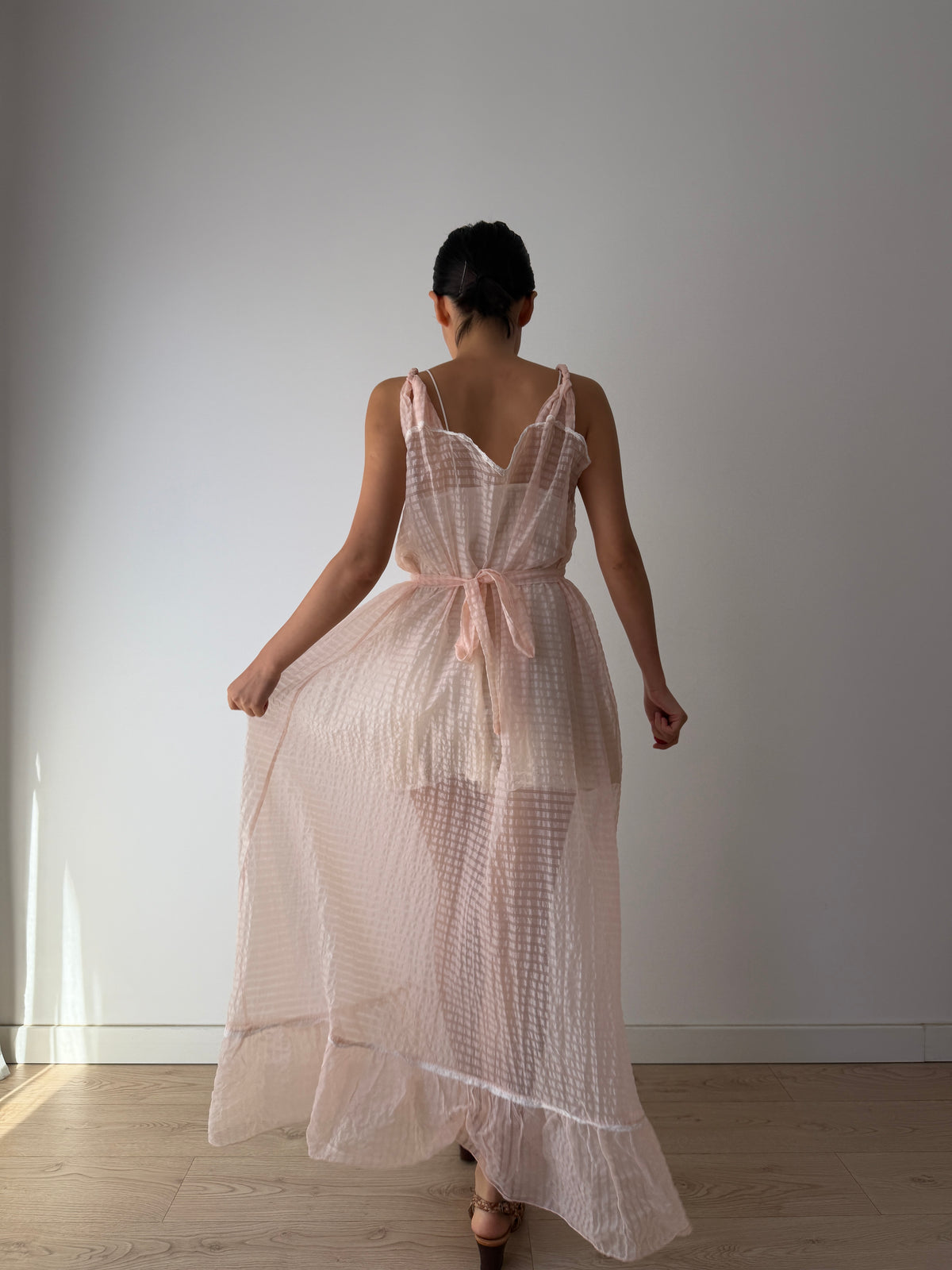 1950s–1960s Pink Organza Nightgown, Sheer Check Maxi Dress with Lace Trim and Ruffled Hem