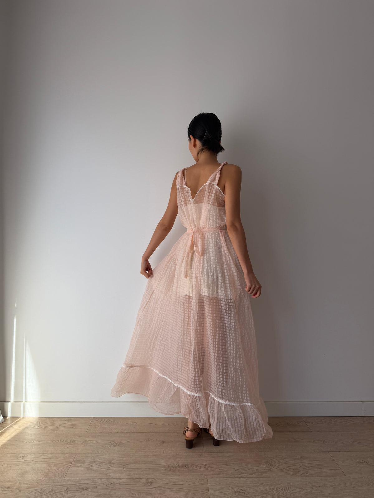 1950s–1960s Pink Organza Nightgown, Sheer Check Maxi Dress with Lace Trim and Ruffled Hem