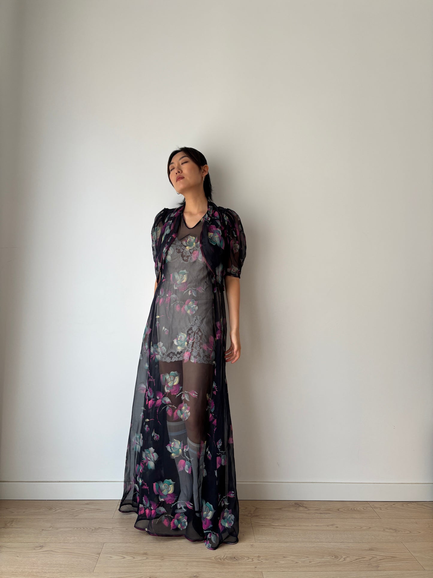 1940s 50s Black Floral Pure Silk Nightgown 2 Piece Set / Bed Jacket Slip Dress Lingerie Set