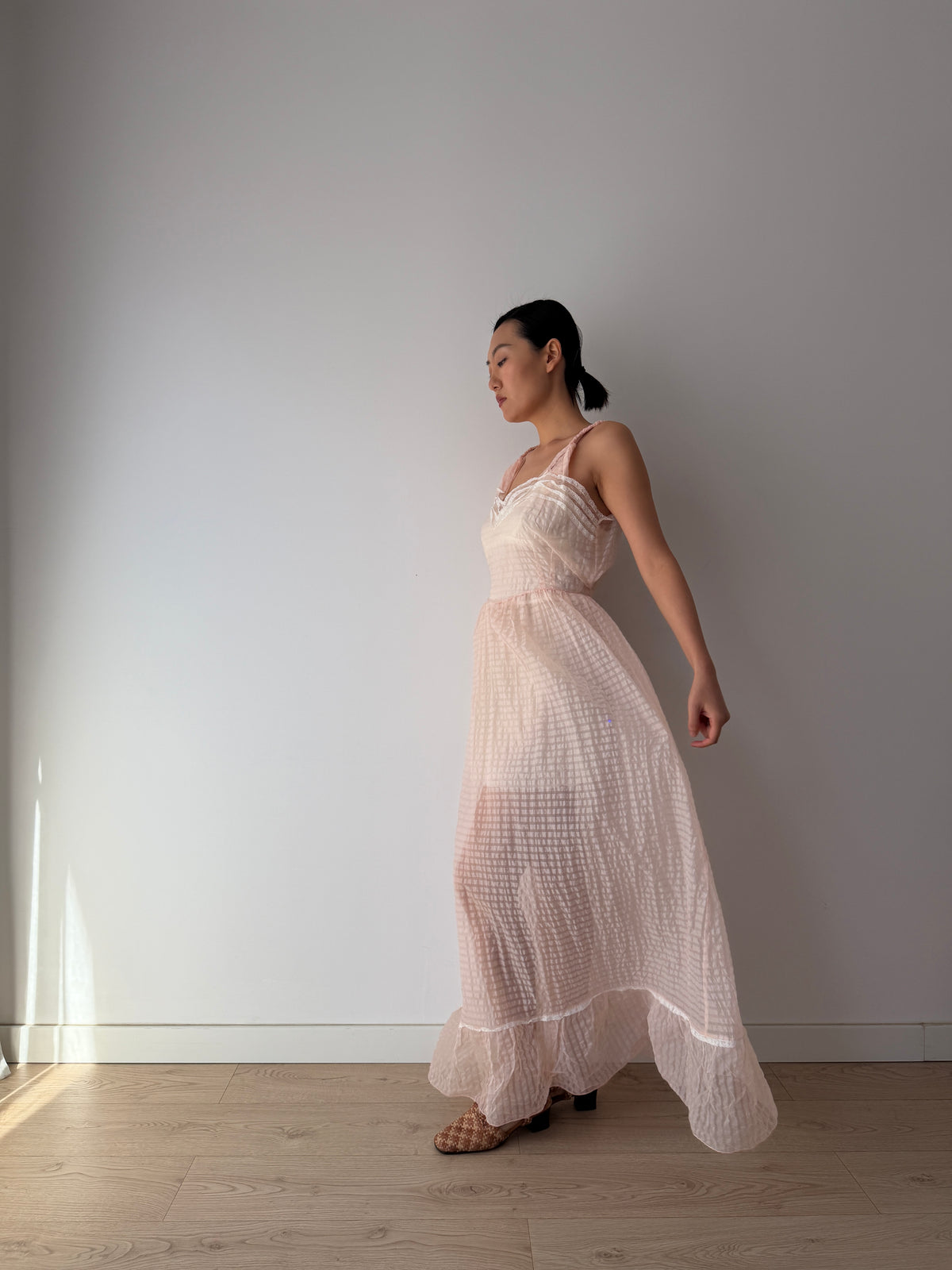 1950s–1960s Pink Organza Nightgown, Sheer Check Maxi Dress with Lace Trim and Ruffled Hem