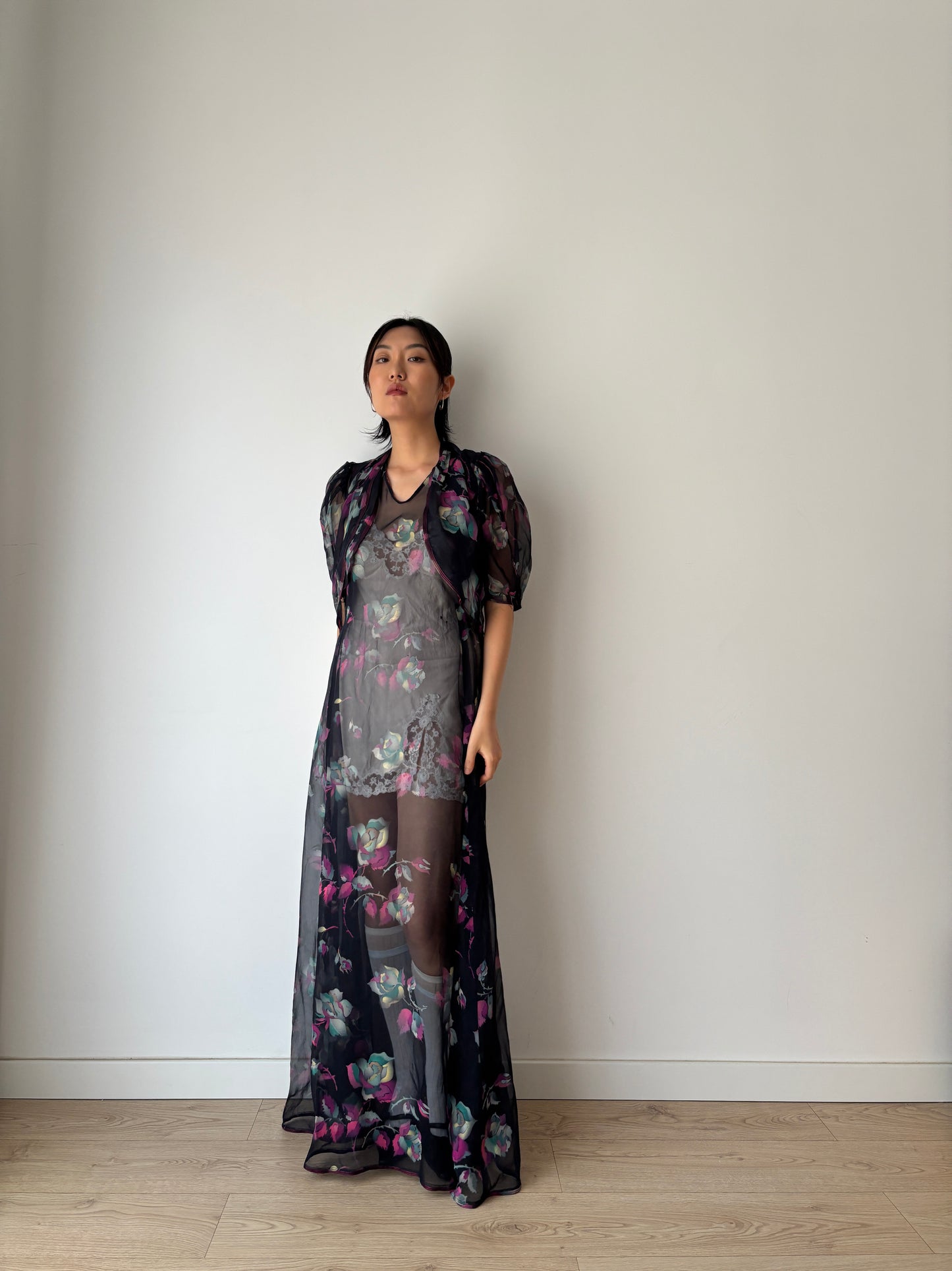 1940s 50s Black Floral Pure Silk Nightgown 2 Piece Set / Bed Jacket Slip Dress Lingerie Set