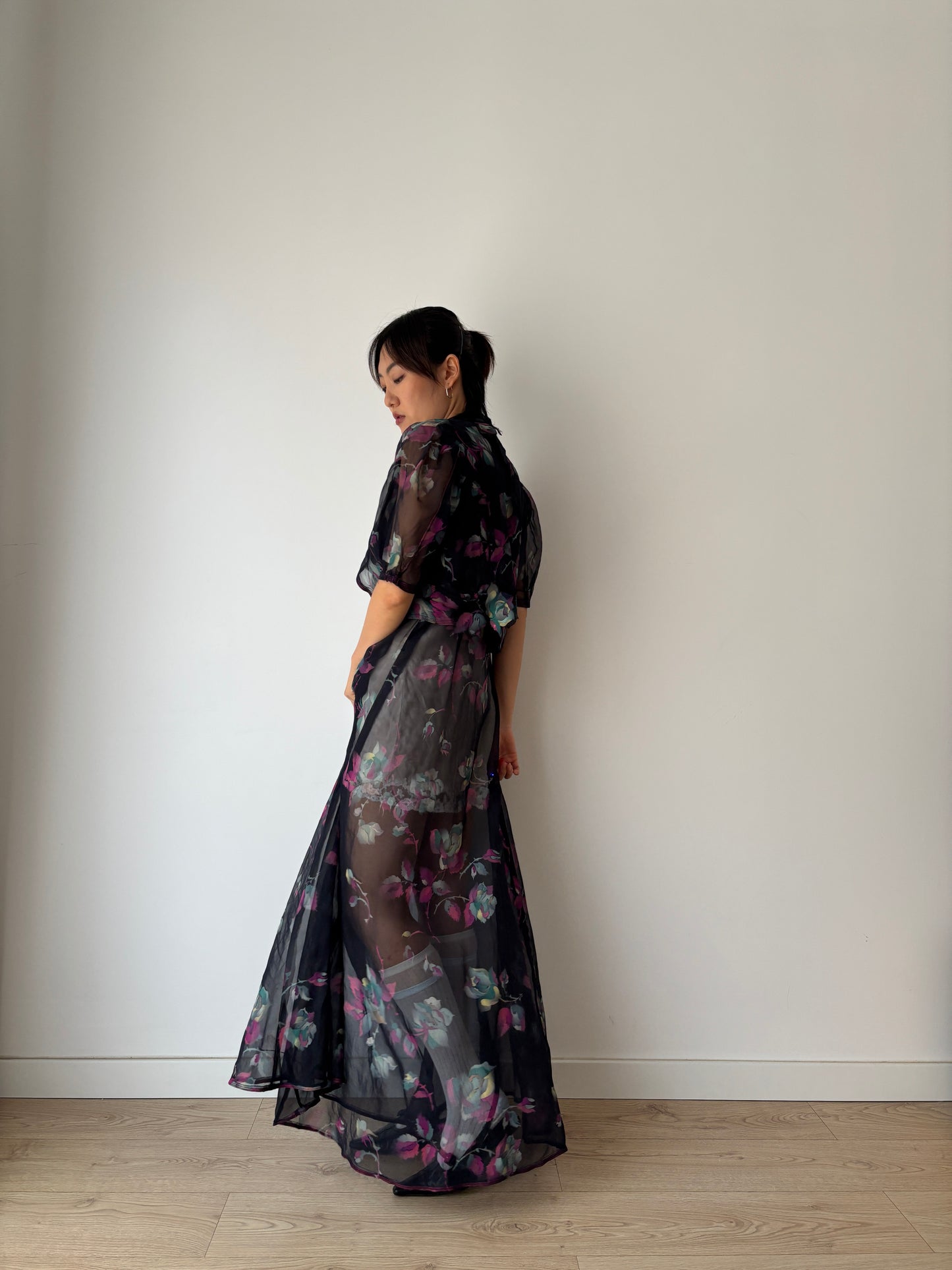 1940s 50s Black Floral Pure Silk Nightgown 2 Piece Set / Bed Jacket Slip Dress Lingerie Set