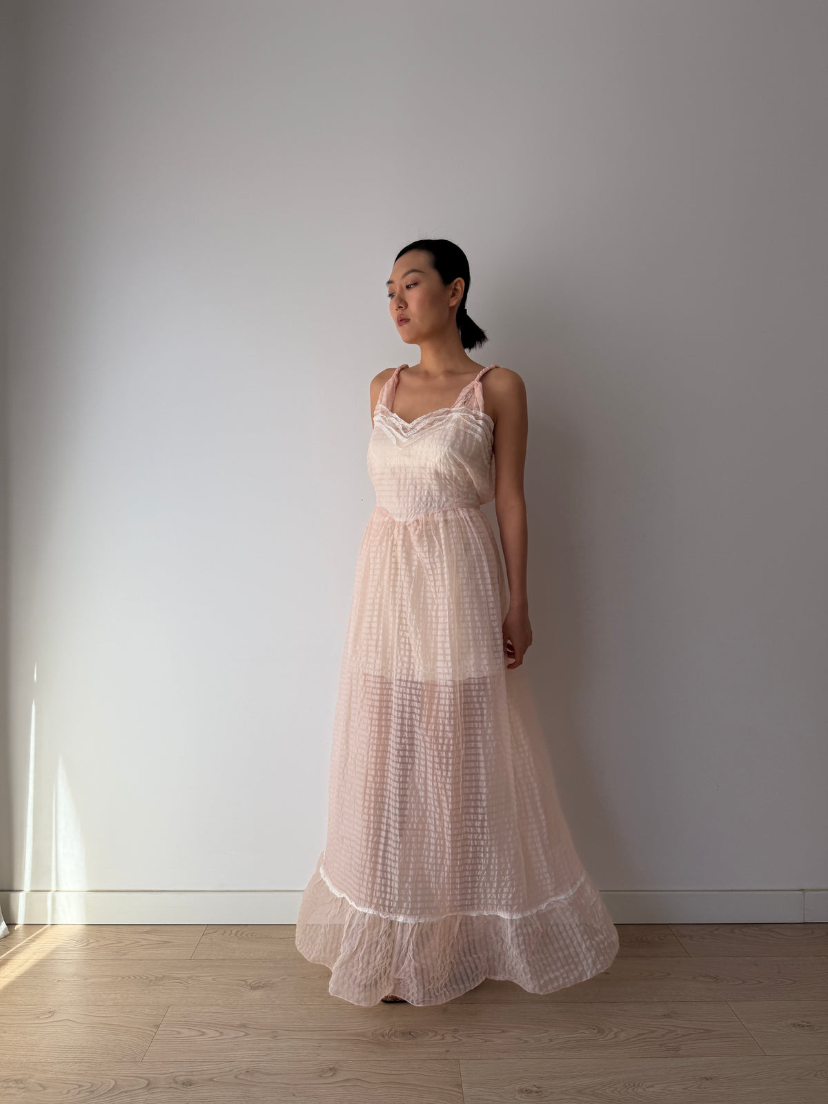 1950s–1960s Pink Organza Nightgown, Sheer Check Maxi Dress with Lace Trim and Ruffled Hem