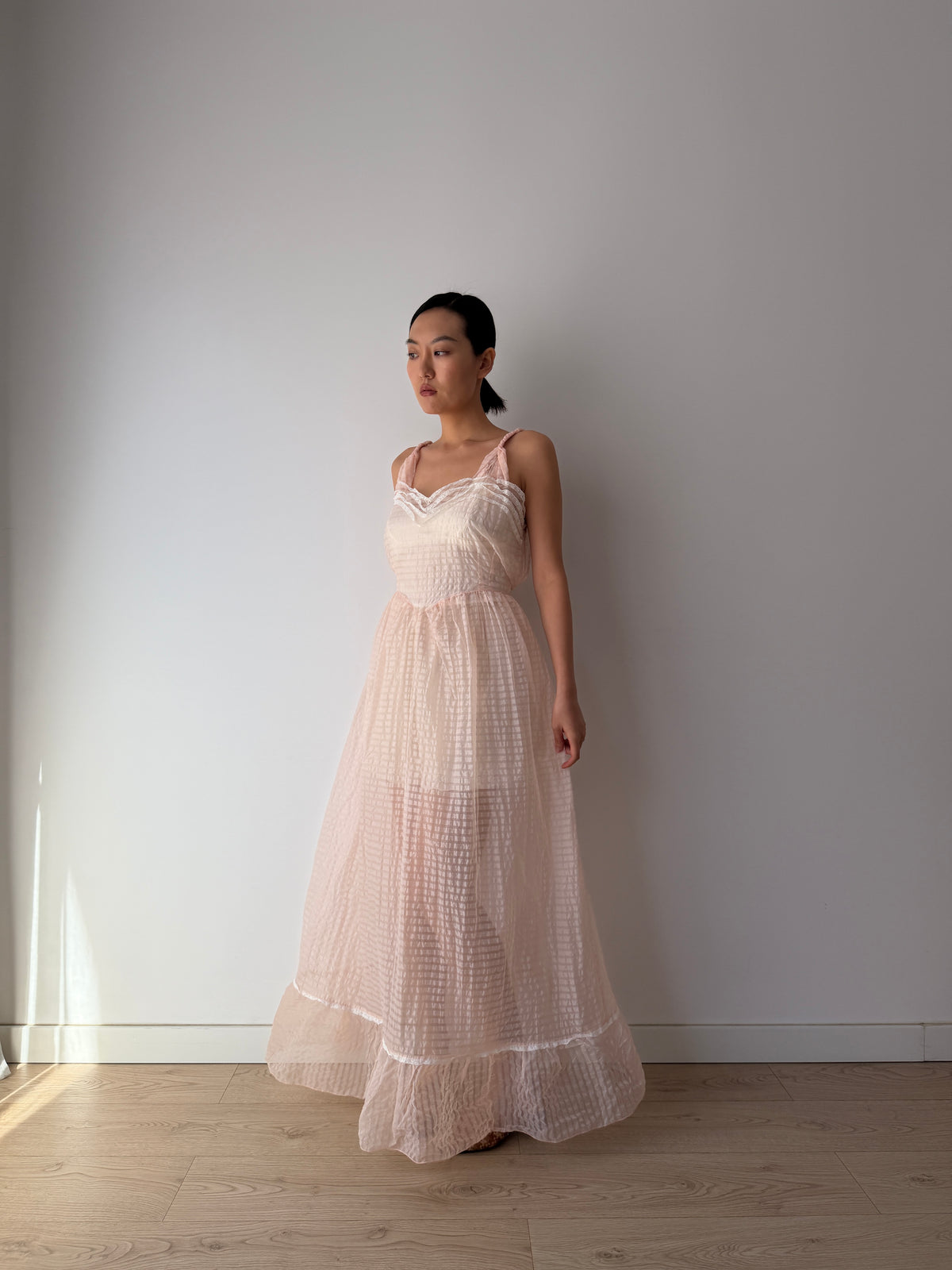1950s–1960s Pink Organza Nightgown, Sheer Check Maxi Dress with Lace Trim and Ruffled Hem