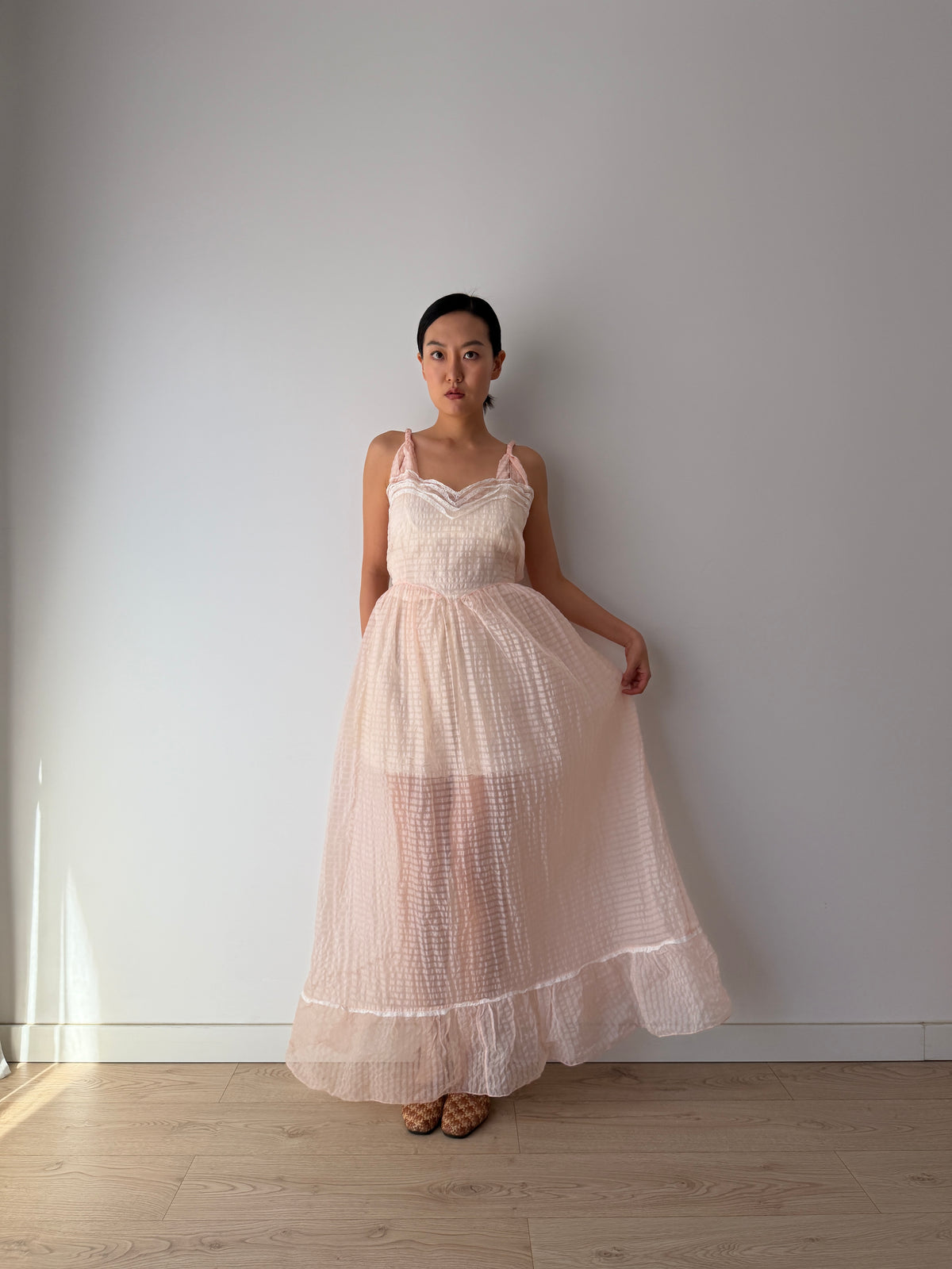 1950s–1960s Pink Organza Nightgown, Sheer Check Maxi Dress with Lace Trim and Ruffled Hem