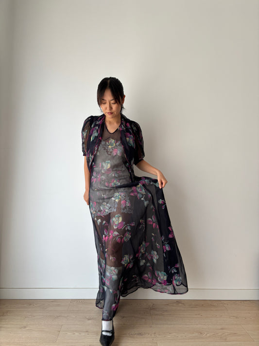 1940s 50s Black Floral Pure Silk Nightgown 2 Piece Set / Bed Jacket Slip Dress Lingerie Set