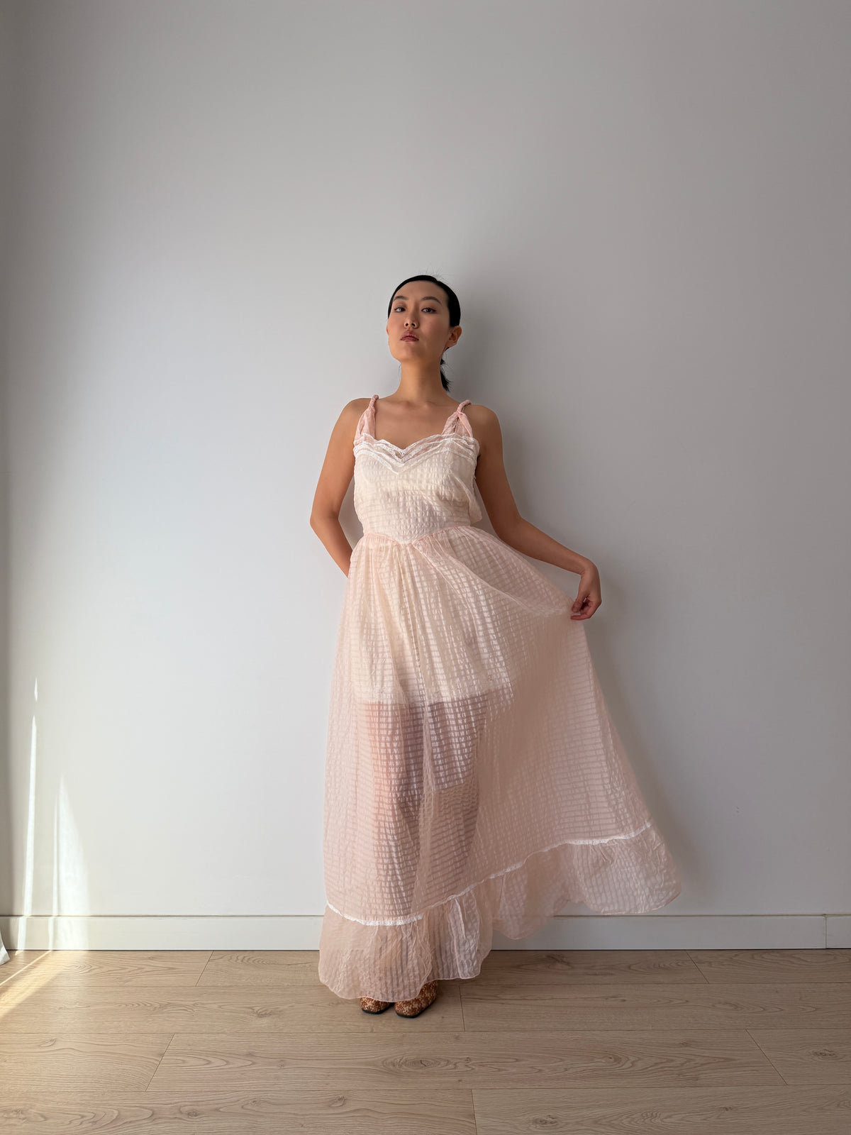 1950s–1960s Pink Organza Nightgown, Sheer Check Maxi Dress with Lace Trim and Ruffled Hem
