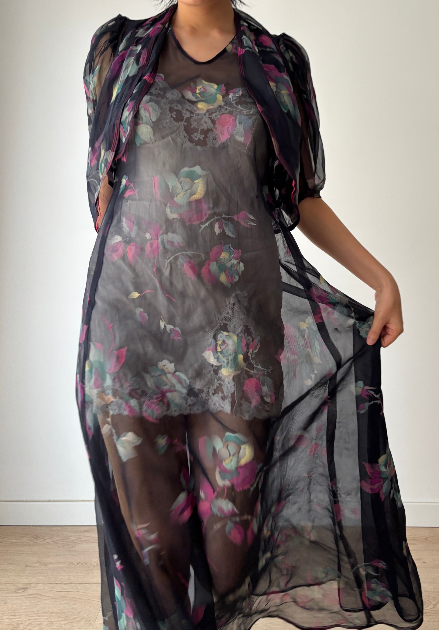 1940s 50s Black Floral Pure Silk Nightgown 2 Piece Set / Bed Jacket Slip Dress Lingerie Set