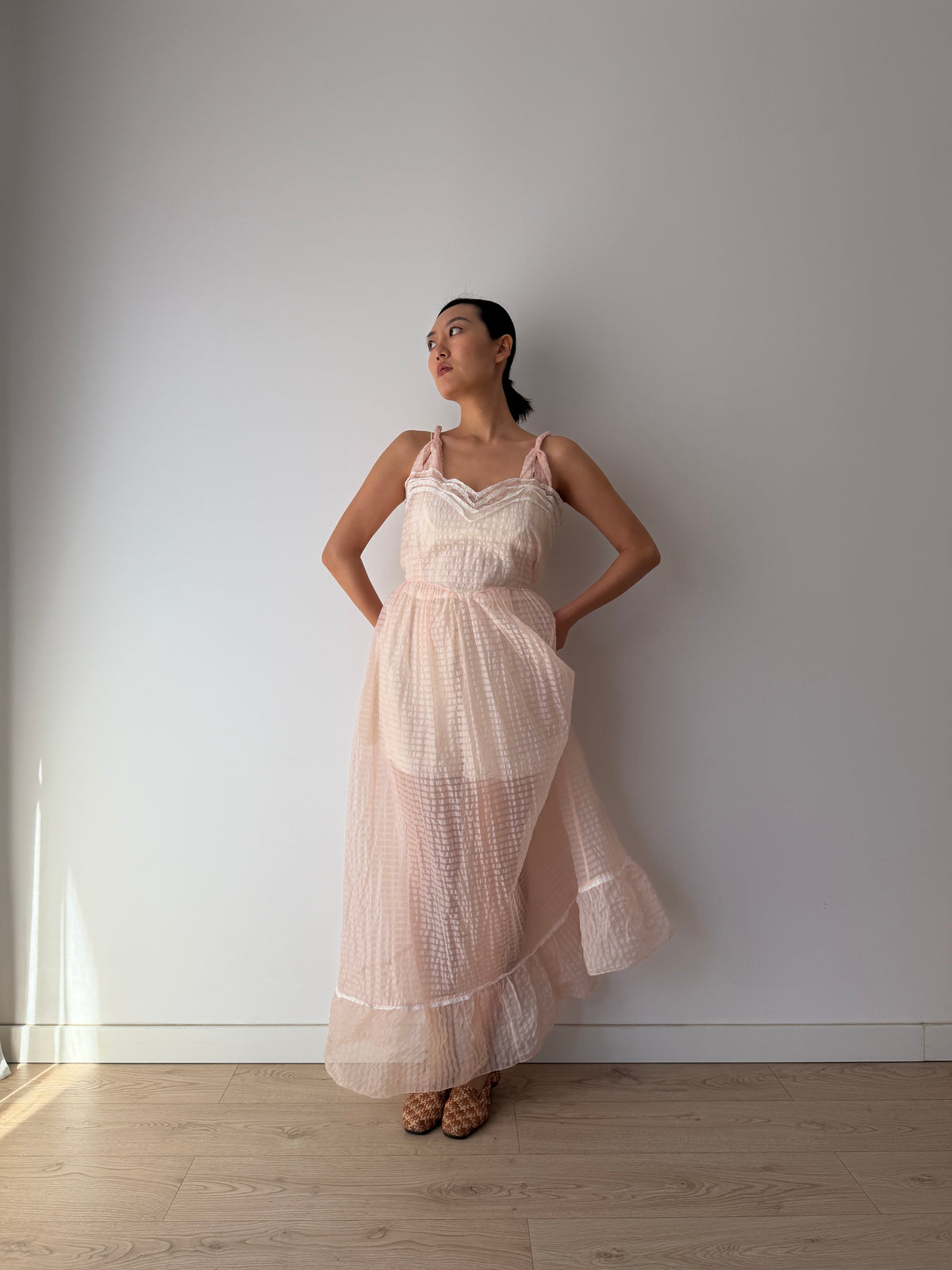 1950s–1960s Pink Organza Nightgown, Sheer Check Maxi Dress with Lace Trim and Ruffled Hem
