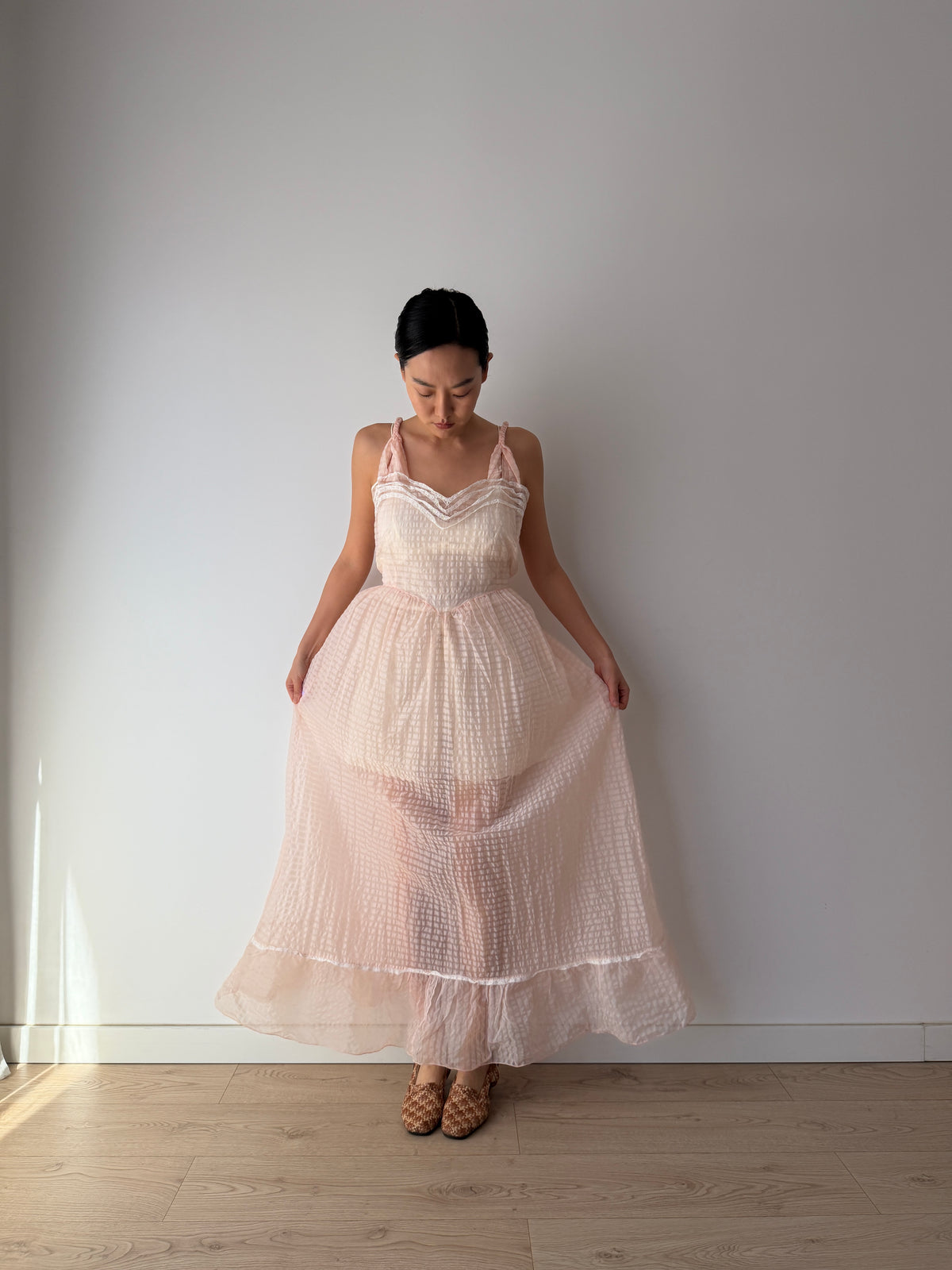 1950s–1960s Pink Organza Nightgown, Sheer Check Maxi Dress with Lace Trim and Ruffled Hem