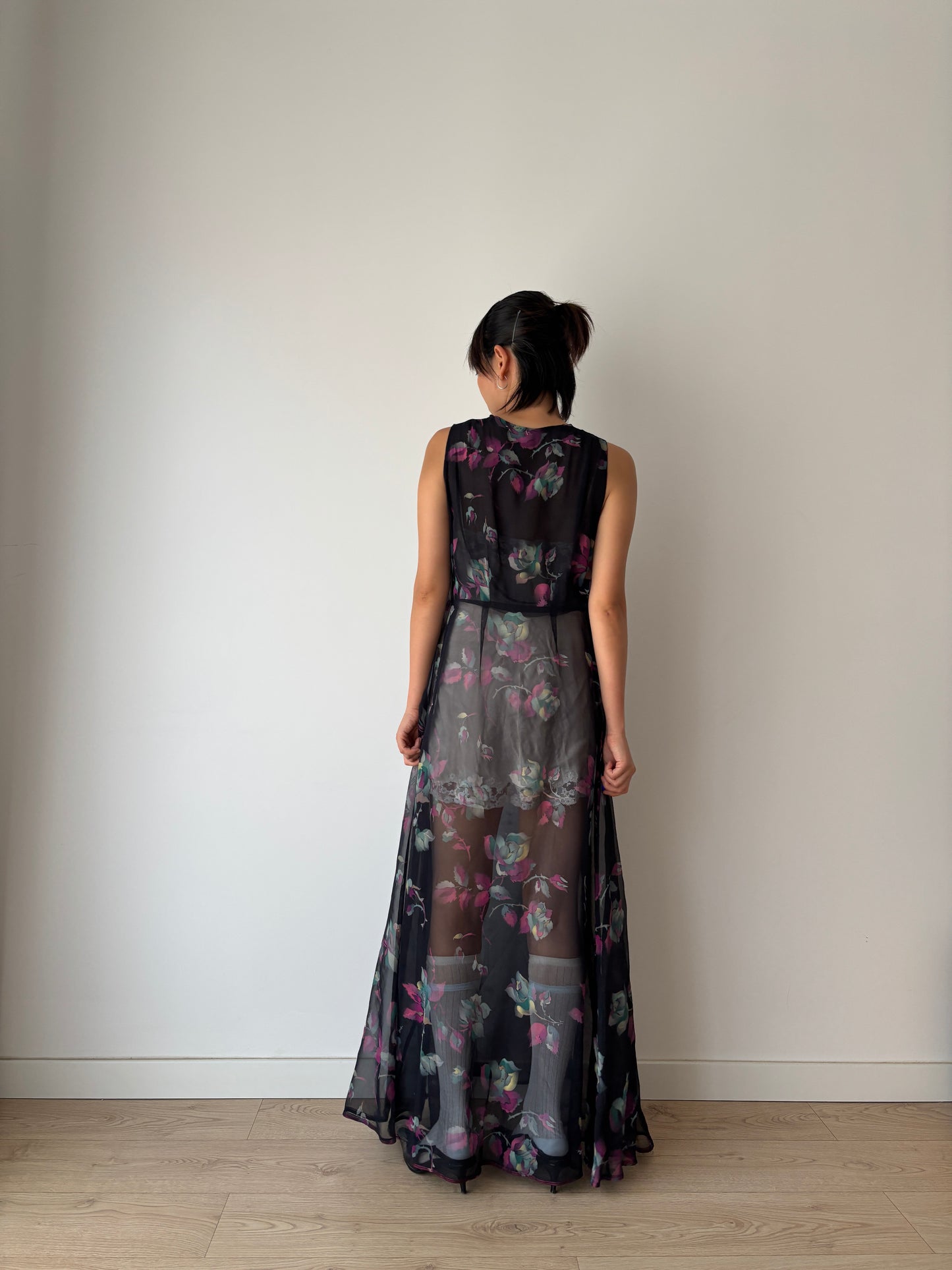 1940s 50s Black Floral Pure Silk Nightgown 2 Piece Set / Bed Jacket Slip Dress Lingerie Set