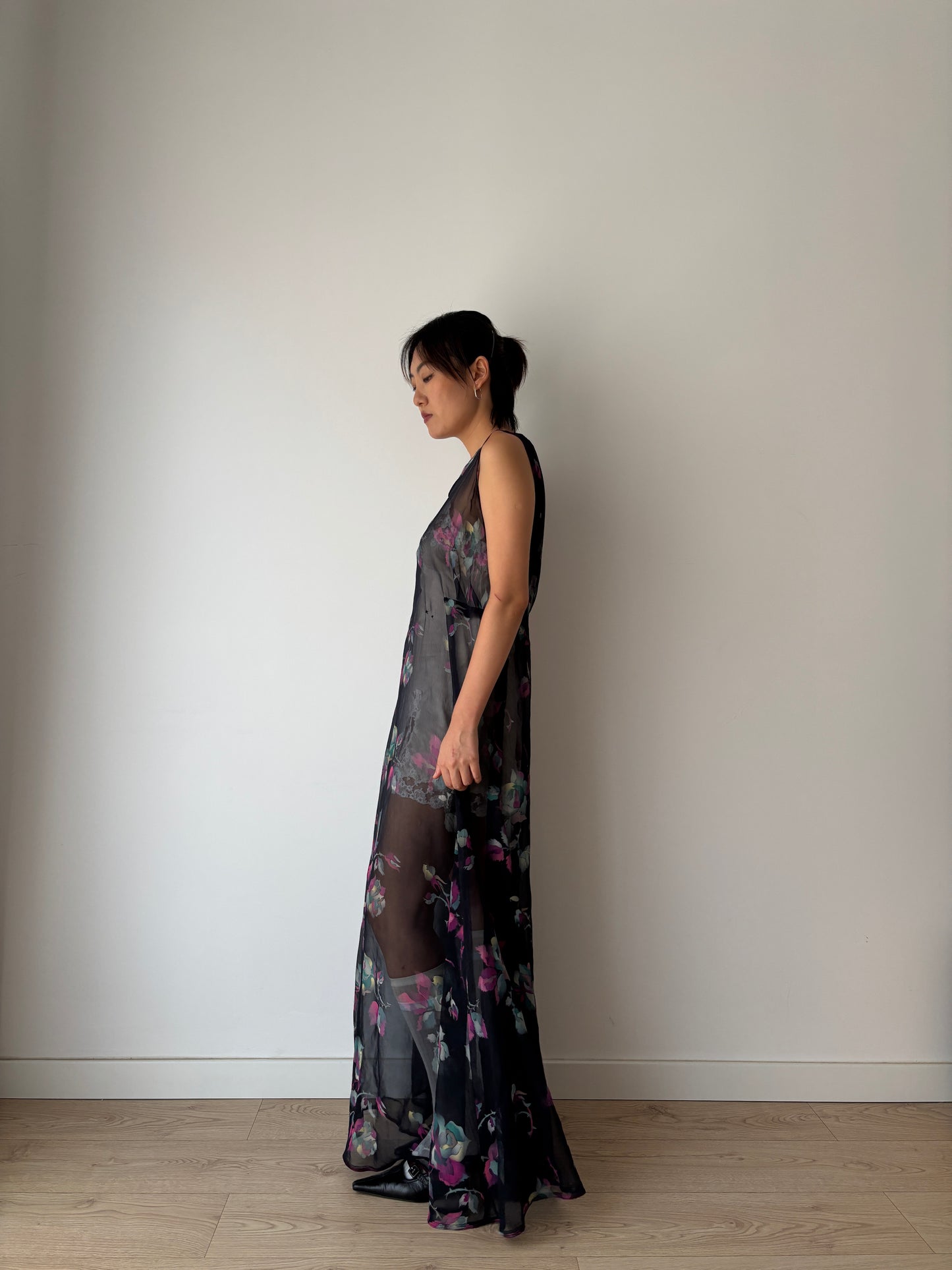 1940s 50s Black Floral Pure Silk Nightgown 2 Piece Set / Bed Jacket Slip Dress Lingerie Set