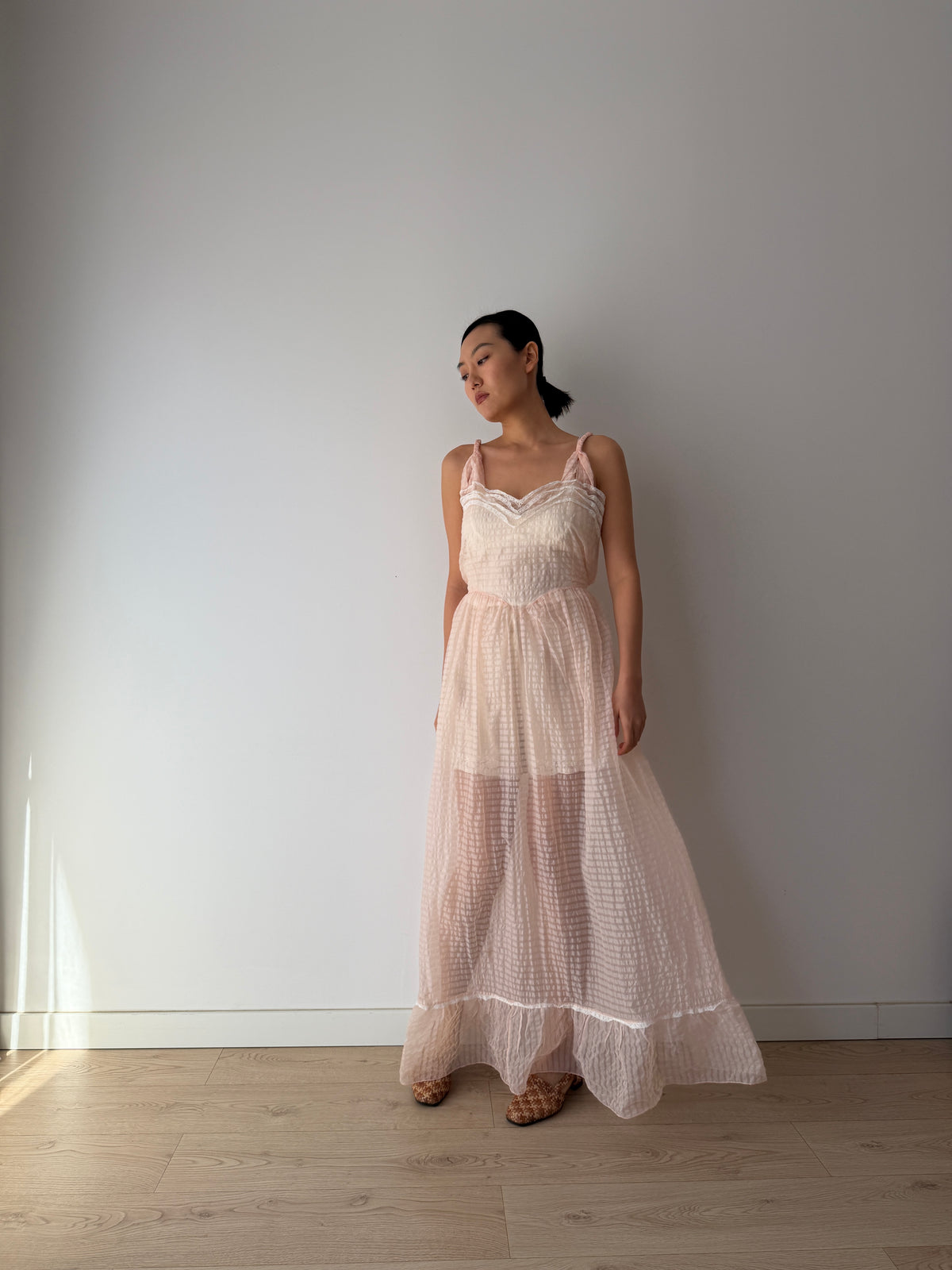 1950s–1960s Pink Organza Nightgown, Sheer Check Maxi Dress with Lace Trim and Ruffled Hem