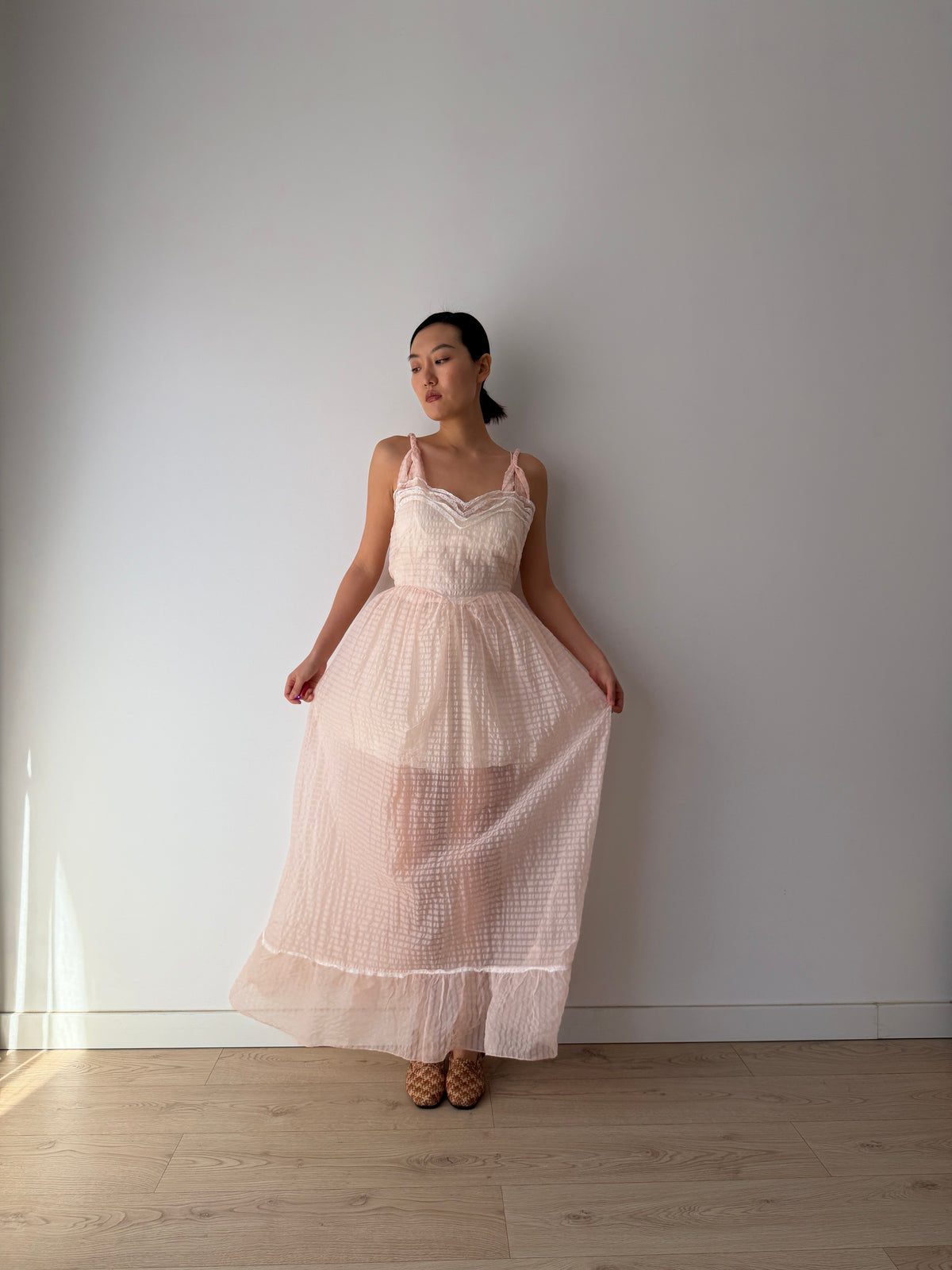 1950s–1960s Pink Organza Nightgown, Sheer Check Maxi Dress with Lace Trim and Ruffled Hem