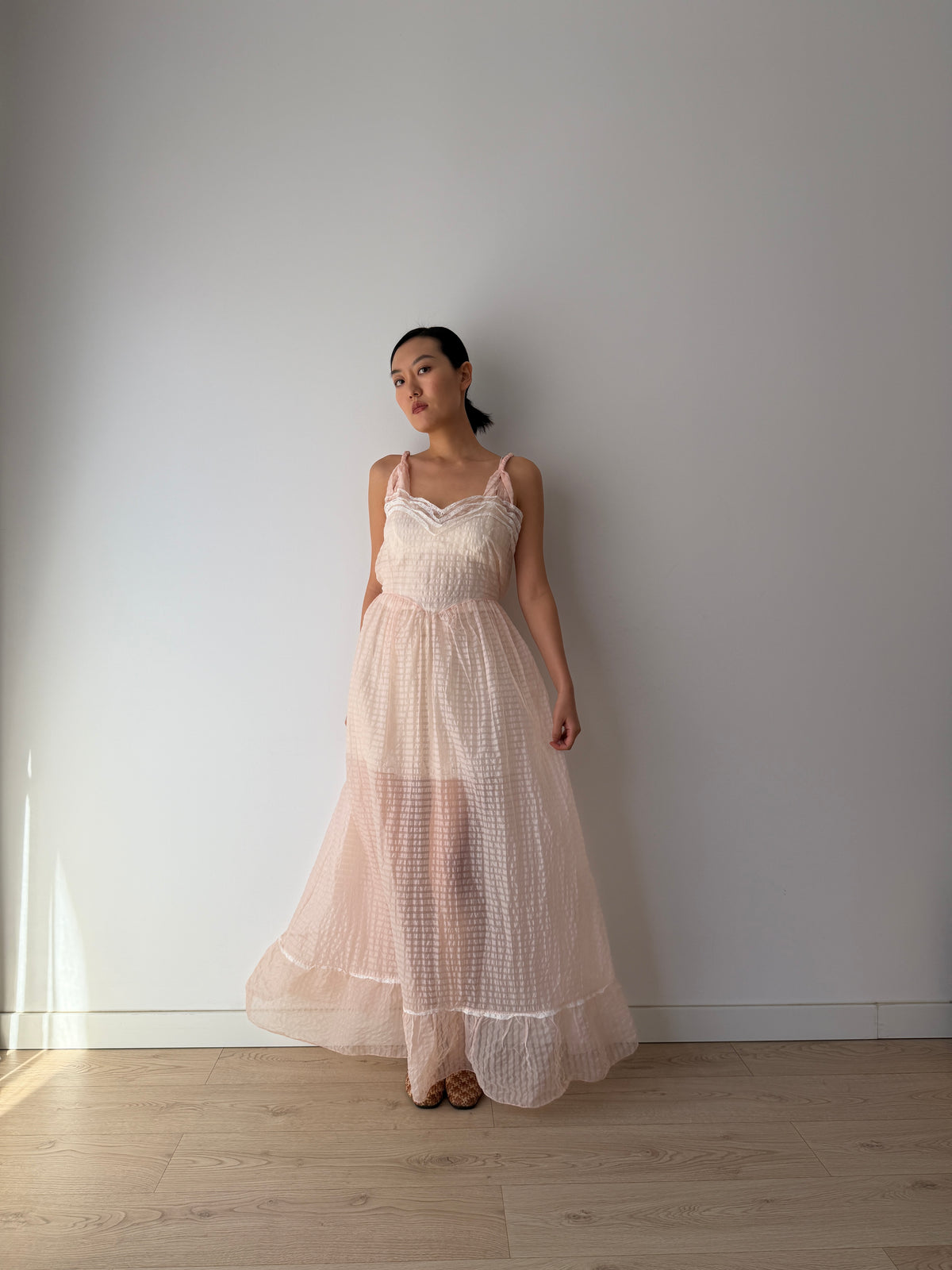 1950s–1960s Pink Organza Nightgown, Sheer Check Maxi Dress with Lace Trim and Ruffled Hem