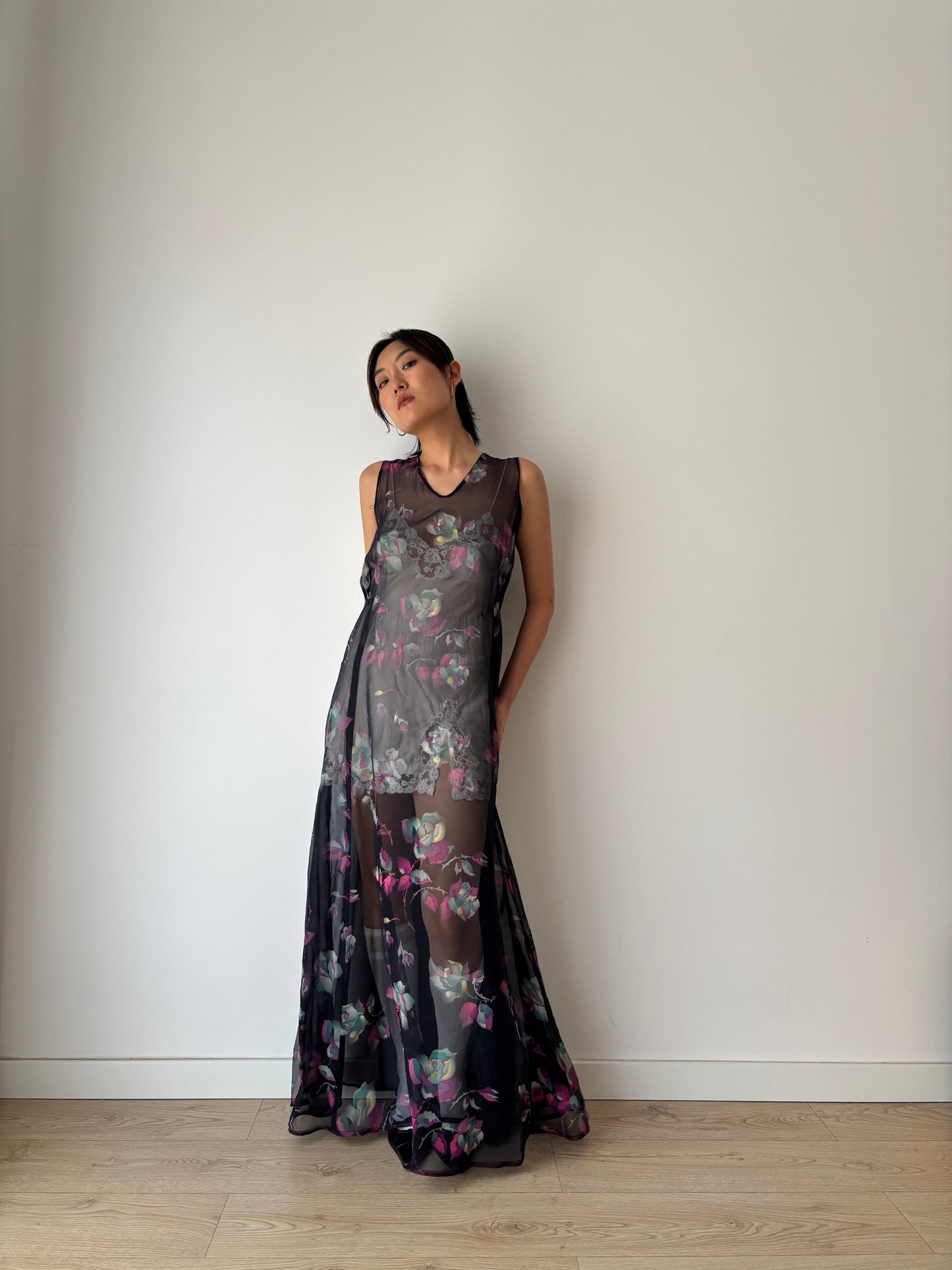 1940s 50s Black Floral Pure Silk Nightgown 2 Piece Set / Bed Jacket Slip Dress Lingerie Set