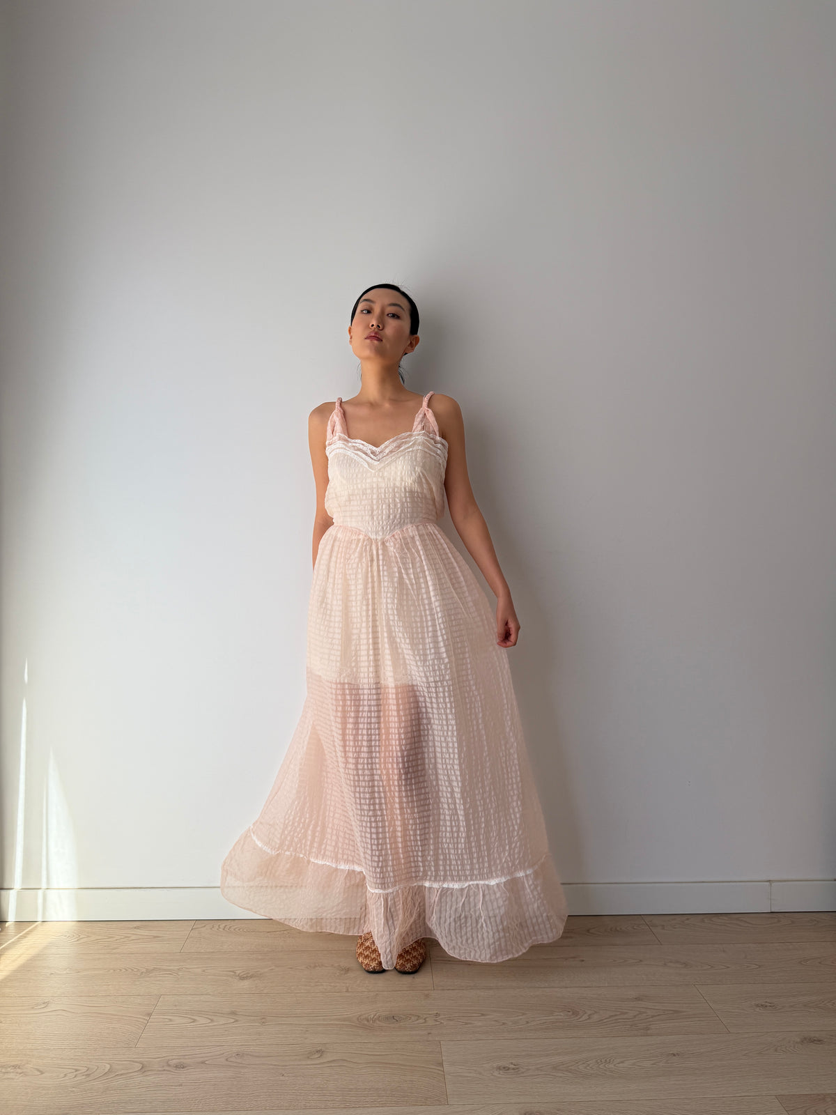 1950s–1960s Pink Organza Nightgown, Sheer Check Maxi Dress with Lace Trim and Ruffled Hem