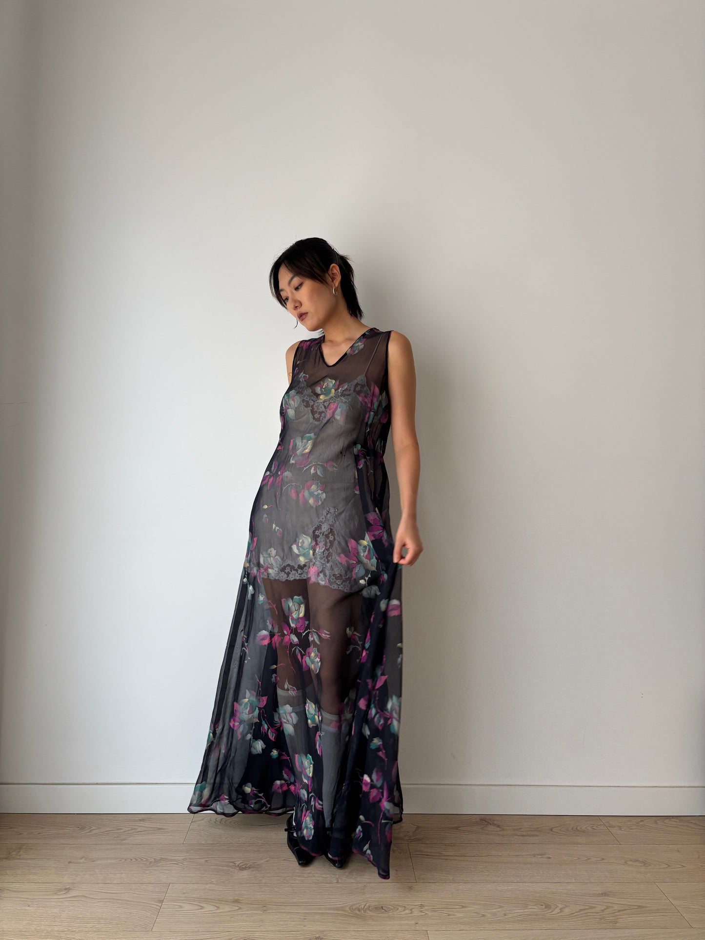 1940s 50s Black Floral Pure Silk Nightgown 2 Piece Set / Bed Jacket Slip Dress Lingerie Set