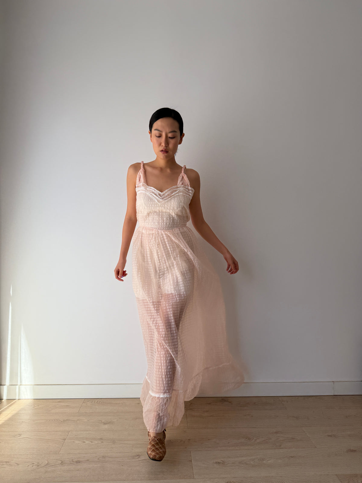 1950s–1960s Pink Organza Nightgown, Sheer Check Maxi Dress with Lace Trim and Ruffled Hem